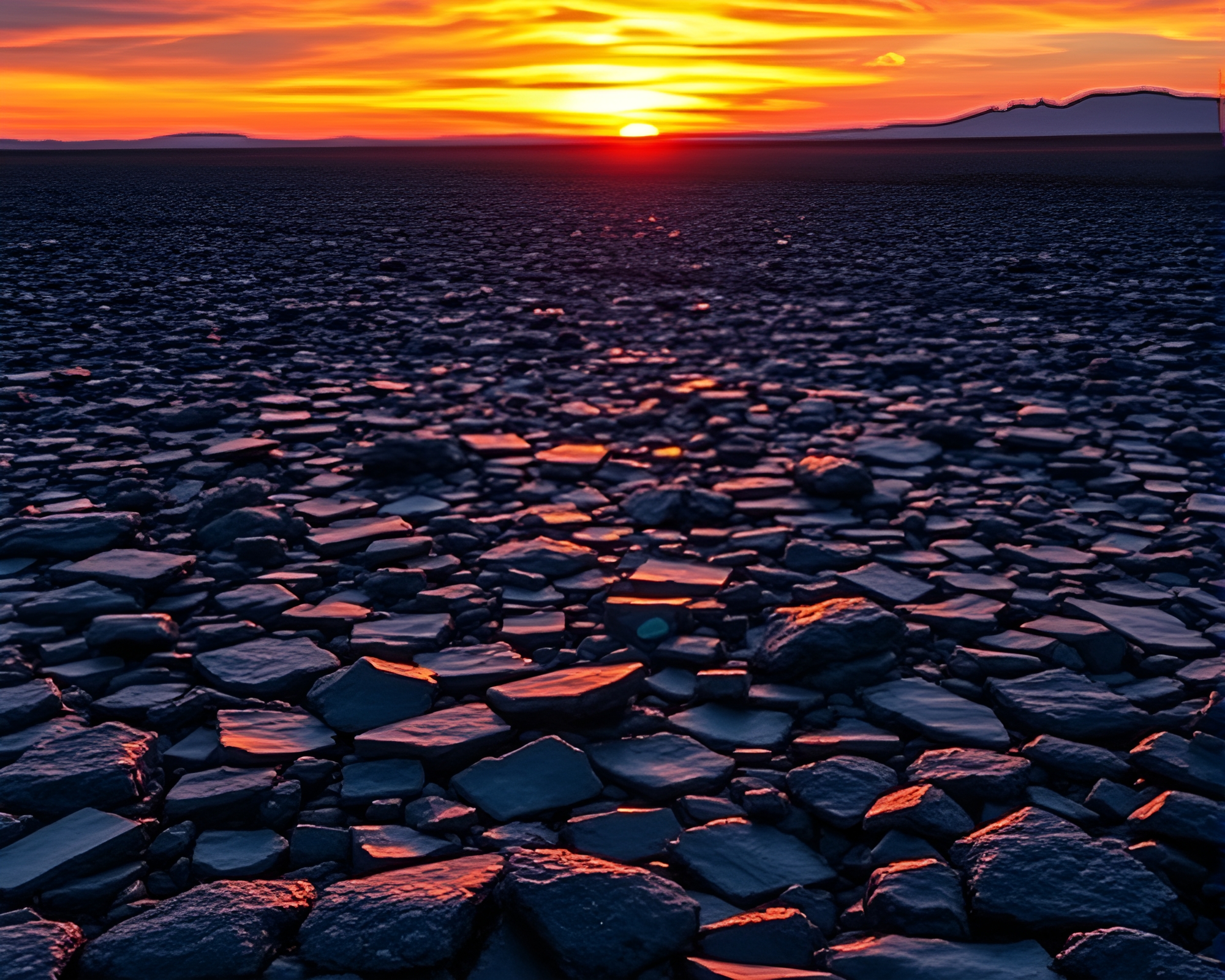 Vivid surreal sunset over gleaming obsidian volcanic plain – free AI stock image