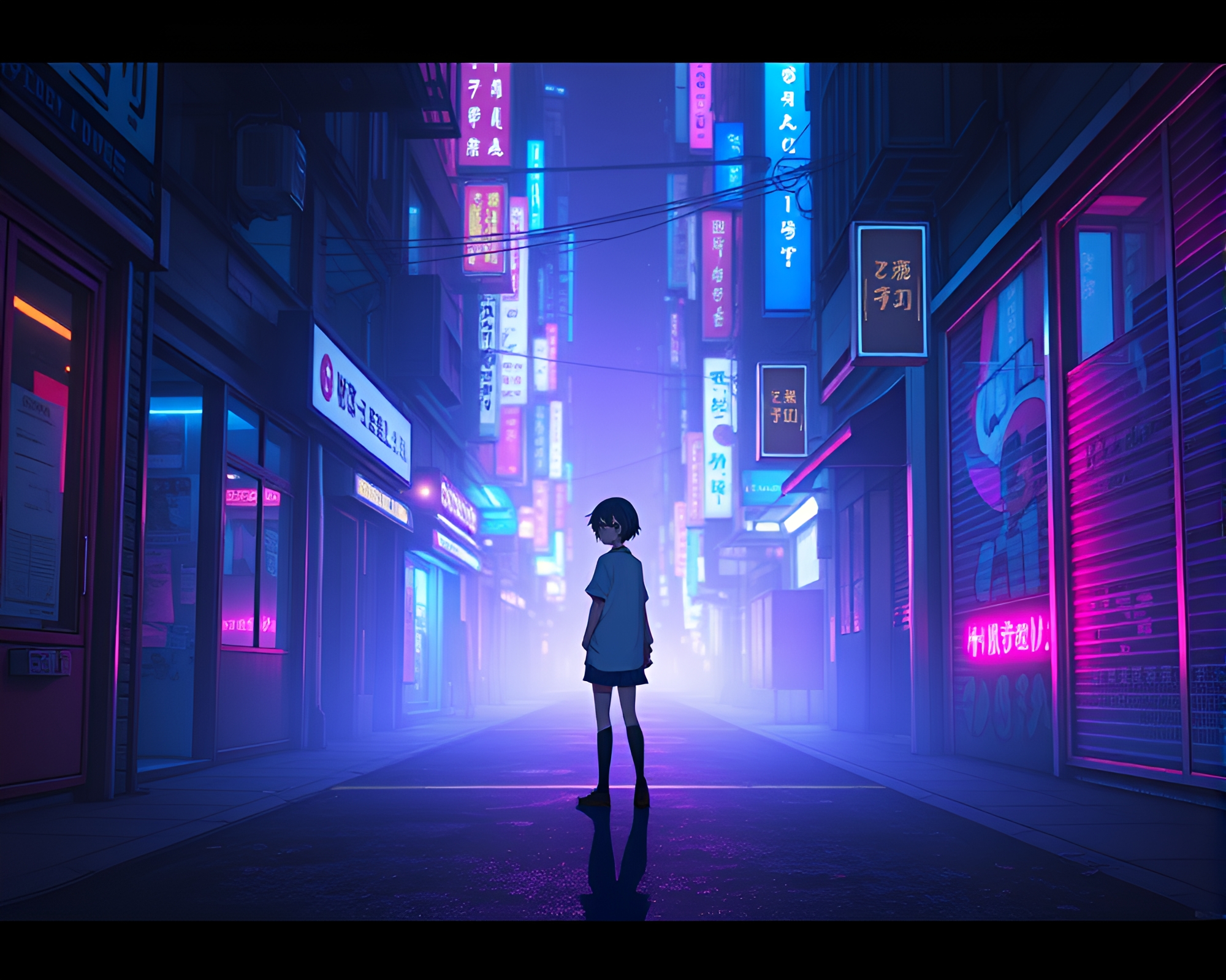 Lonely Anime Character in Neon Alleyway – free AI stock image
