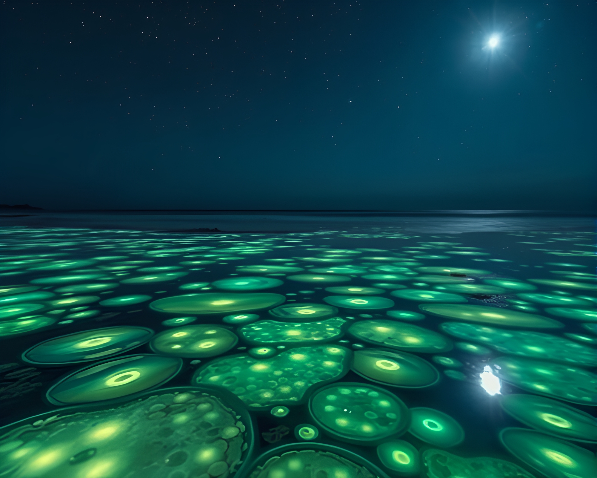 Enchanting Bioluminescent Tide Pools Under Starlit Sky – free AI stock image
