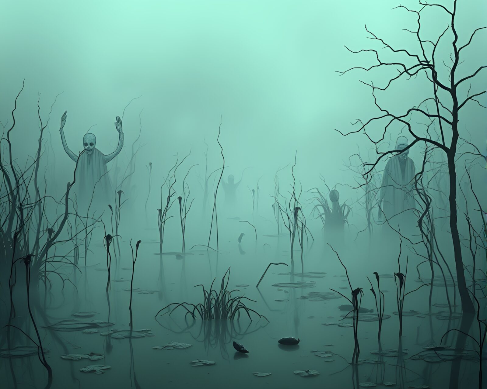 Ghostly figures in misty marsh landscape of surreal beauty