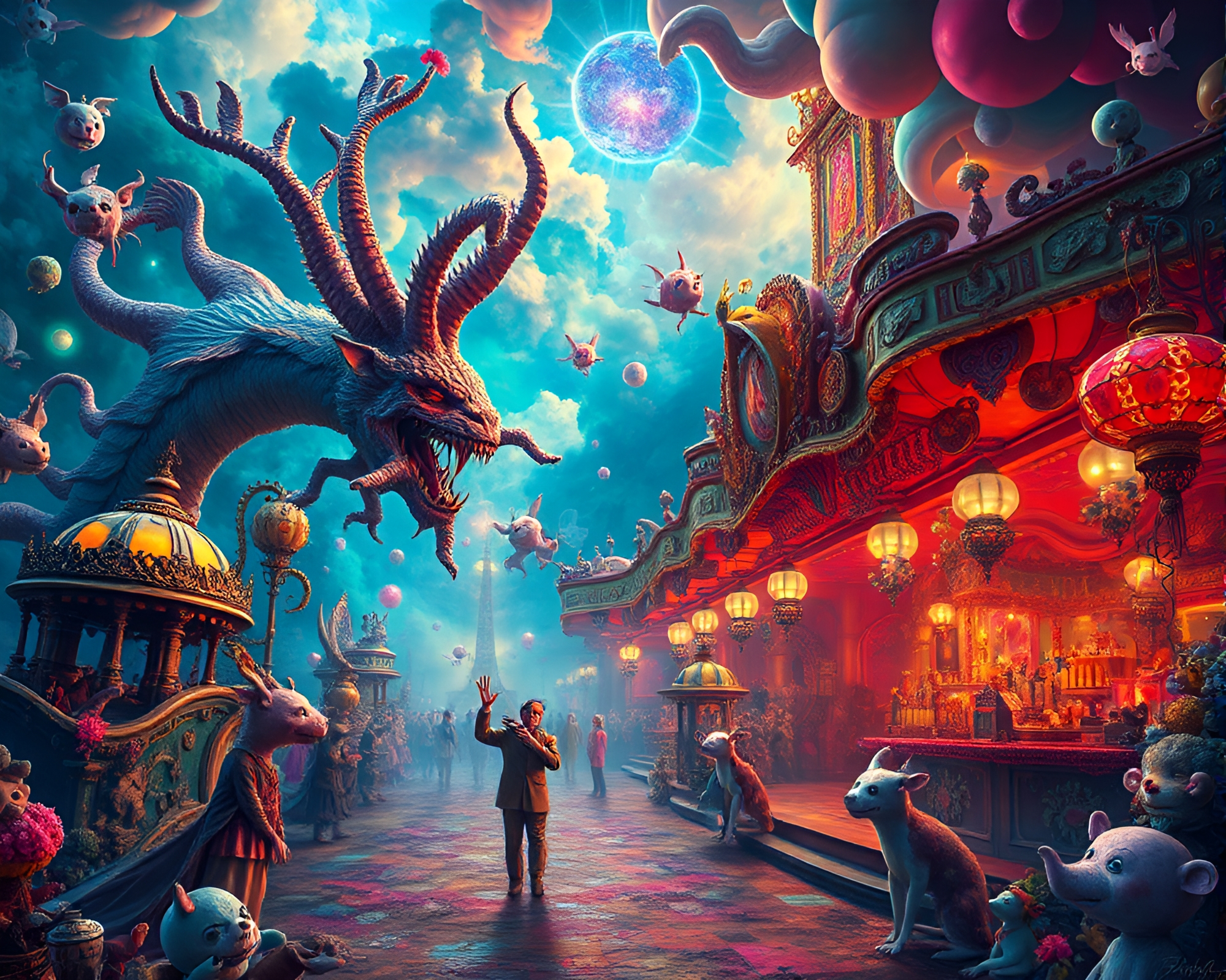 Mesmerizing Spectral Carnival with Dreamlike Creatures and Vivid Colors – free AI stock image