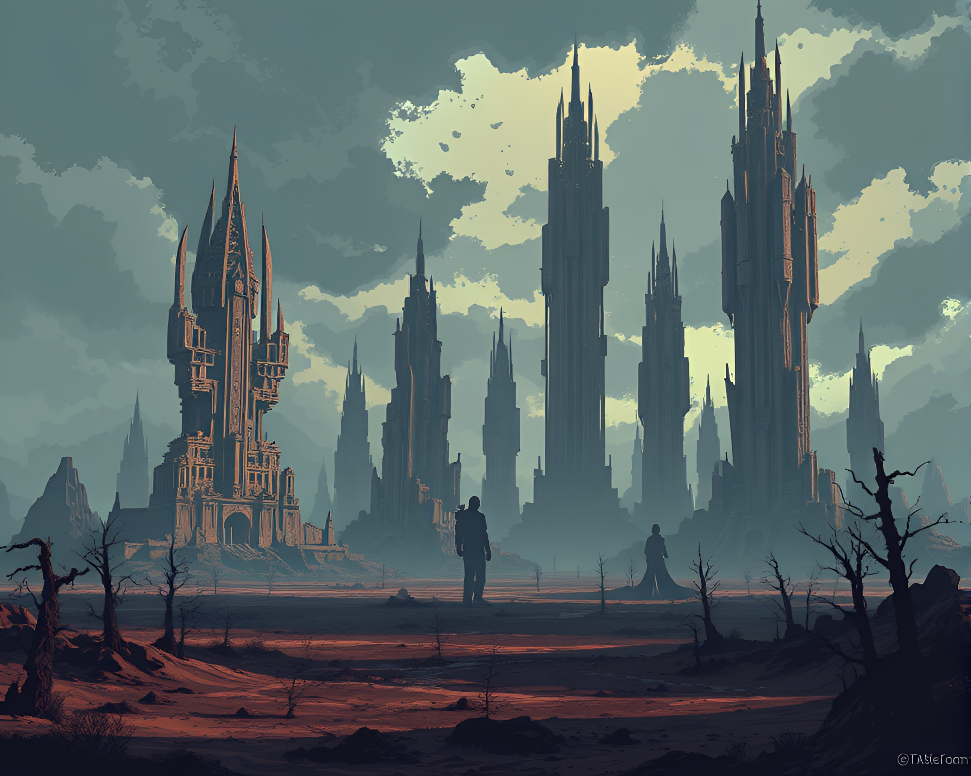 Fractal Skyscrapers Cast Shadows in Pixel Art Apocalypse – free AI stock image