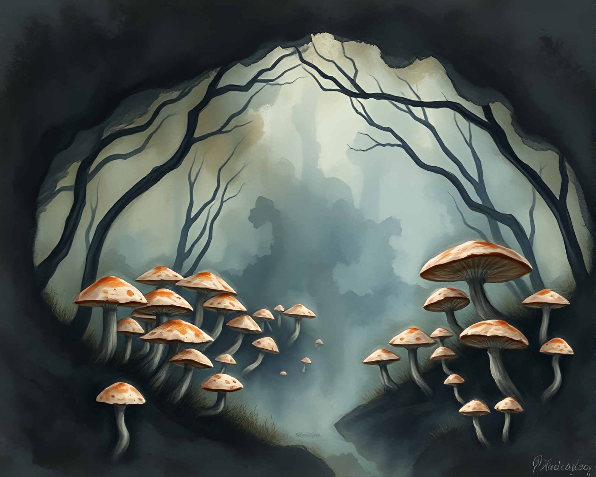 Enchanting Subterranean Fungus Forest in Melancholic Watercolors – free AI stock image