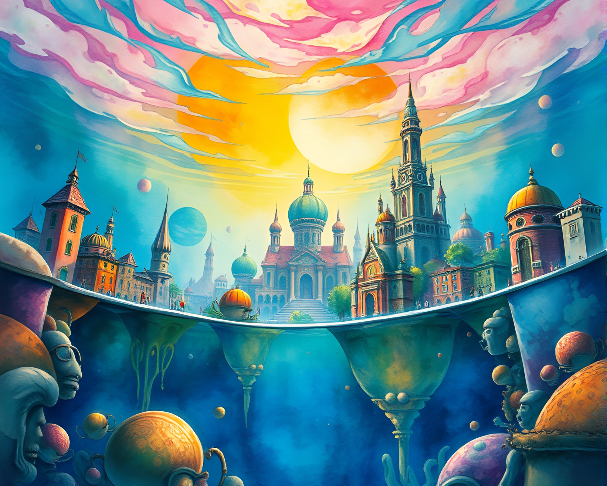 Mesmerizing Sunken Cityscape in Surreal Watercolor Splash – free AI stock image