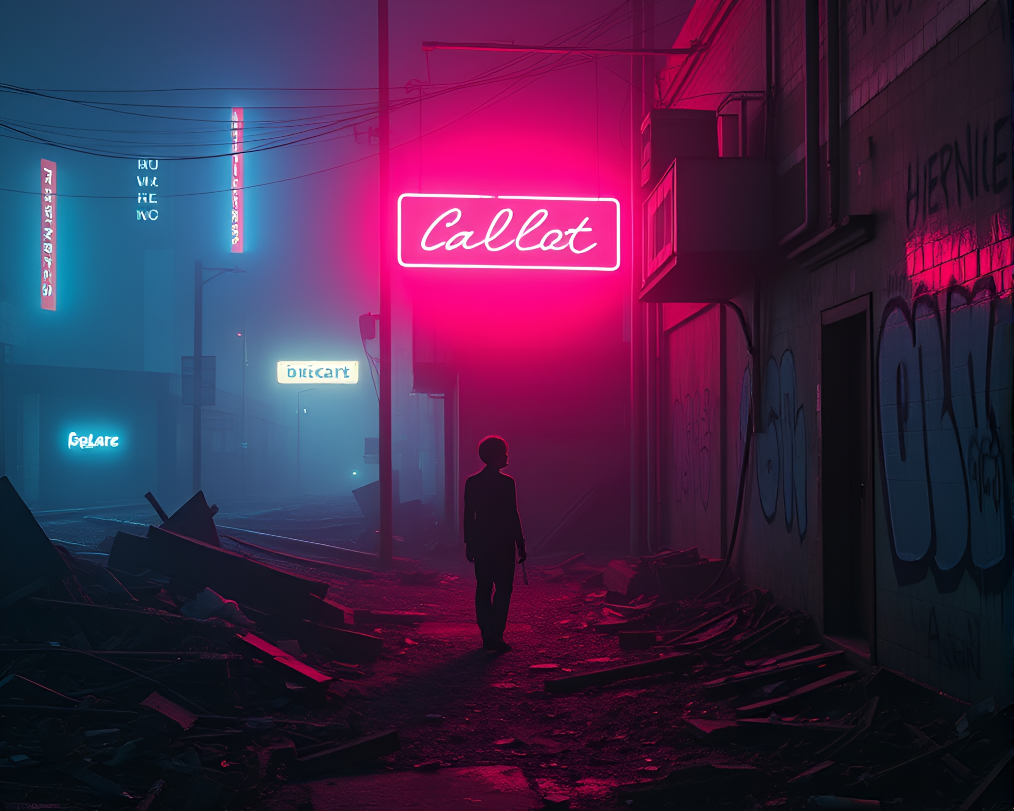 Vibrant Neon Alleyway Portrait in Urban Decay – free AI stock image