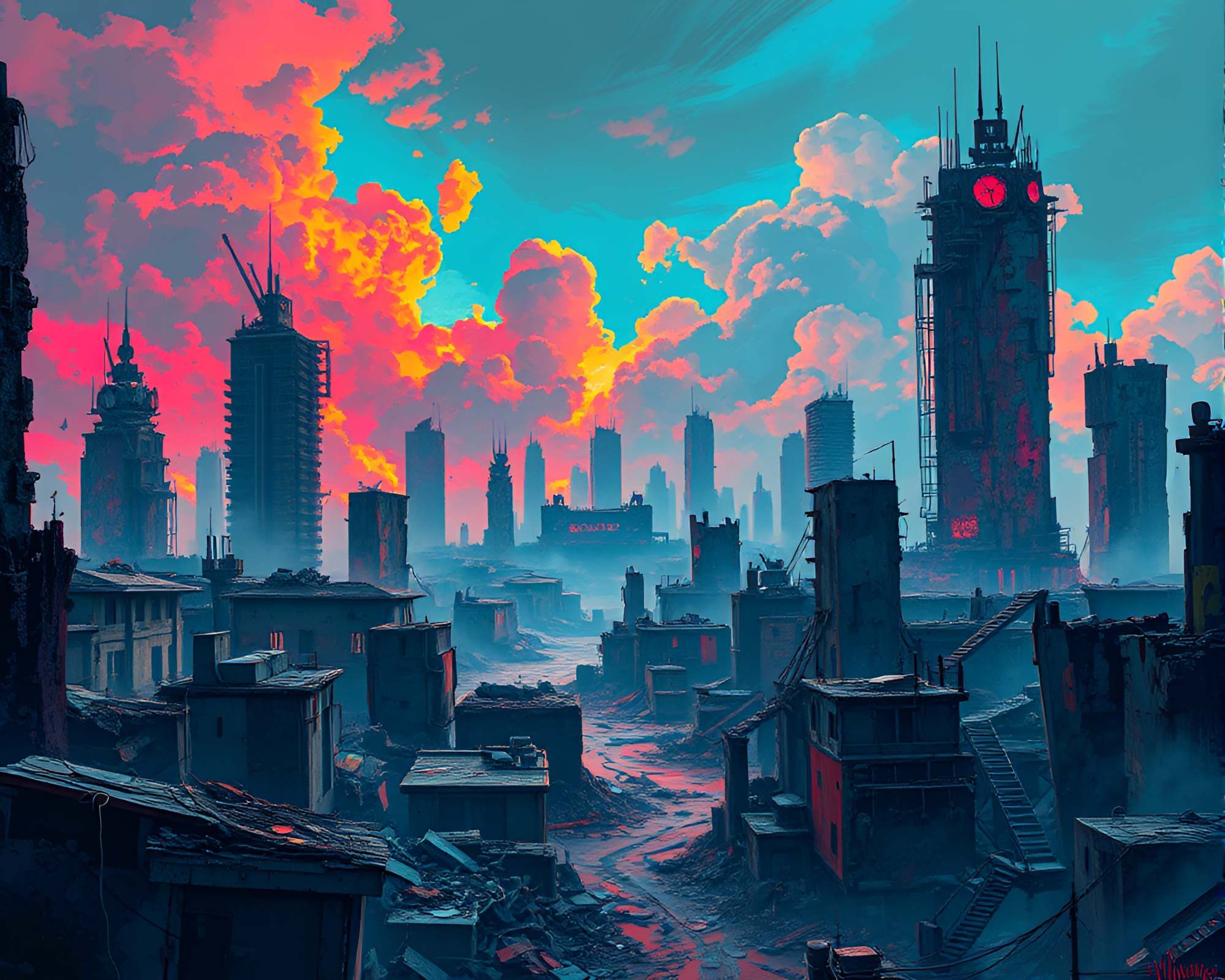 Vibrant Futuristic Apocalypse Cityscape: A Chaotic Beauty – free AI stock image