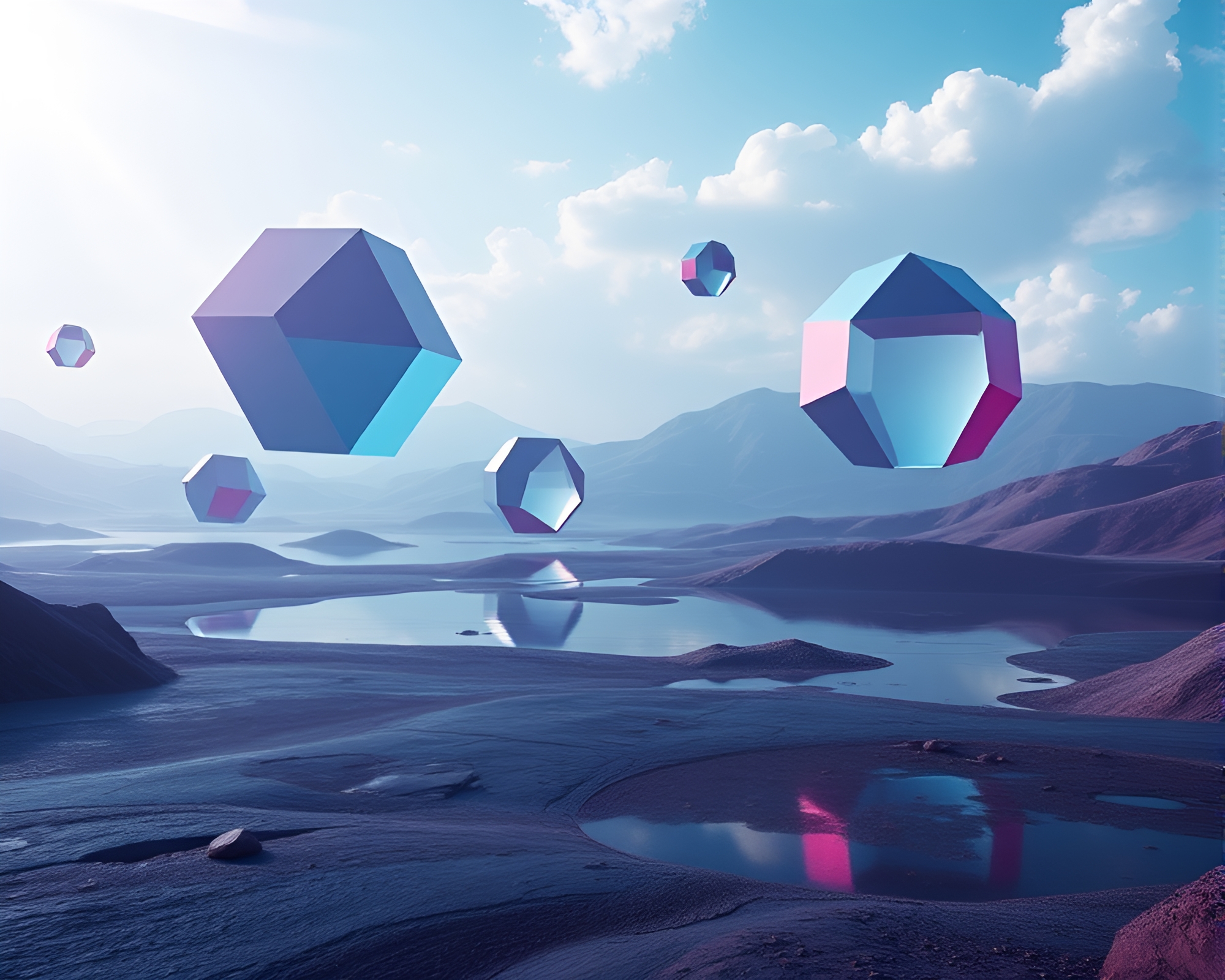 Serene Futuristic Landscape with Floating Geometric Shapes – free AI stock image