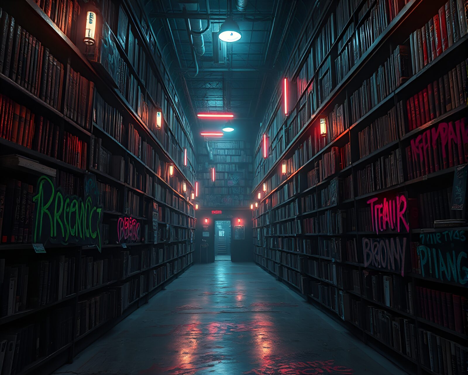 Dimly lit labyrinthine library with melancholic neon graffiti