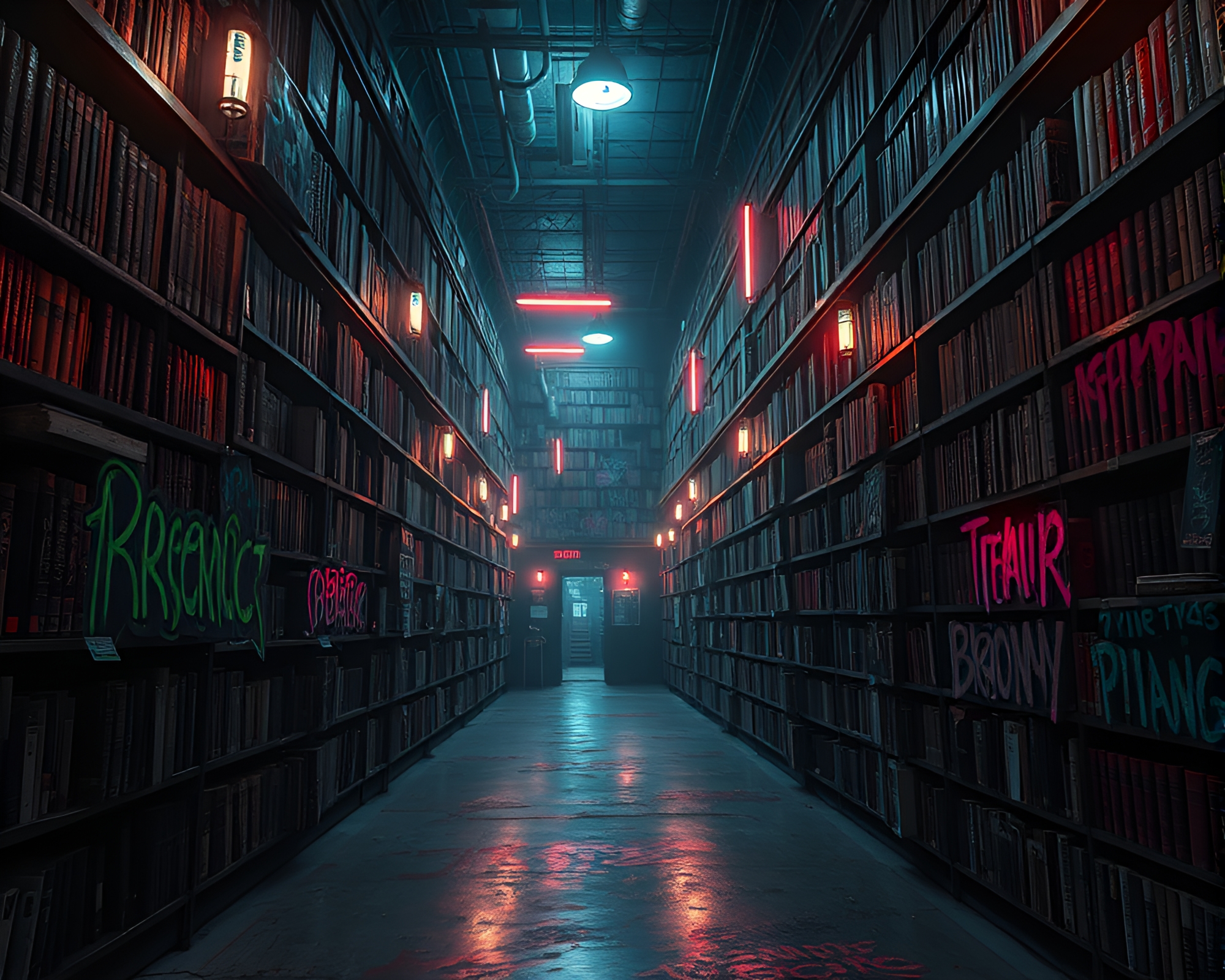 Eerie Cyberpunk Library with Neon Graffiti Art – free AI stock image