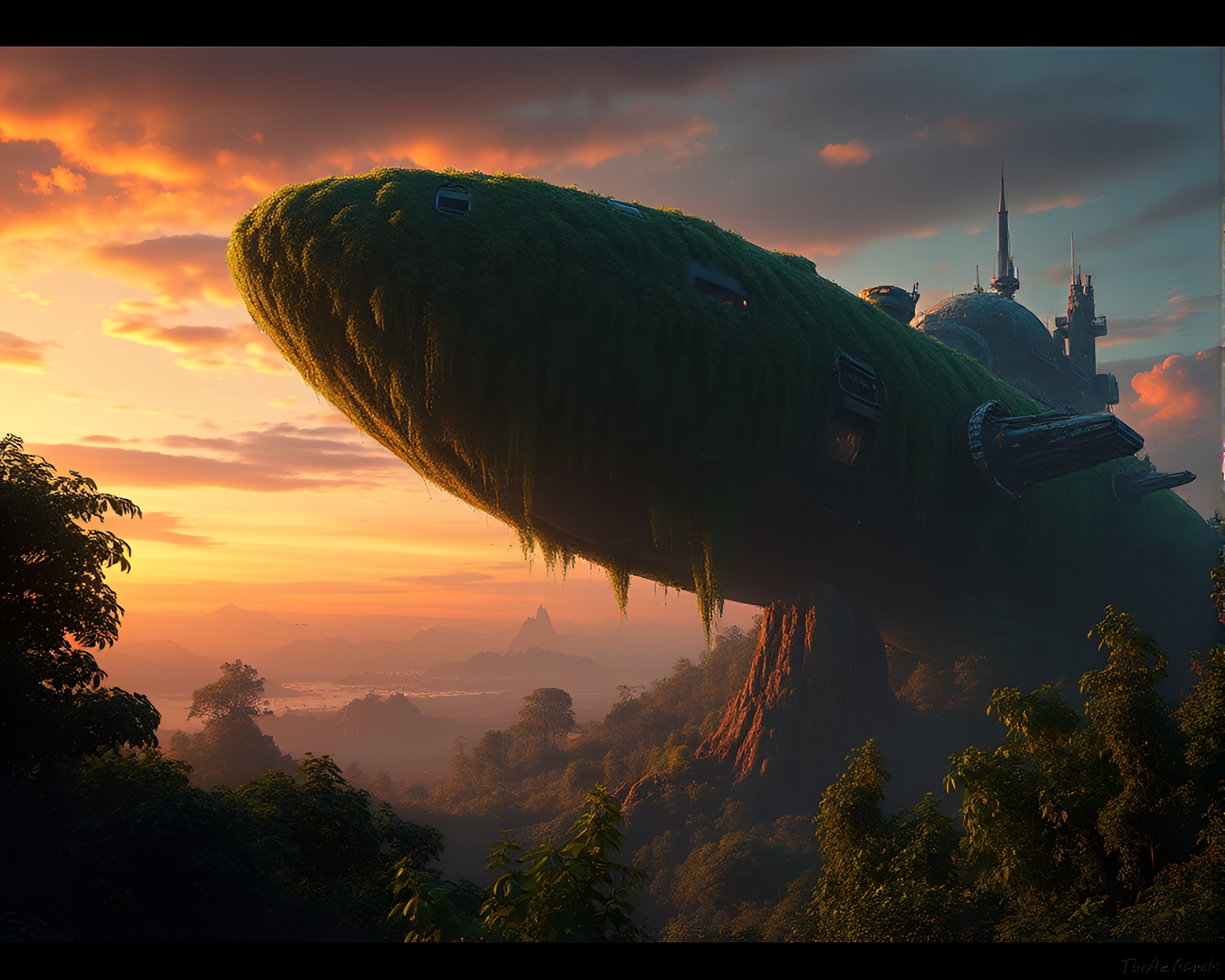 Twilight spaceship nestled in lush landscape matte painting – free AI stock image
