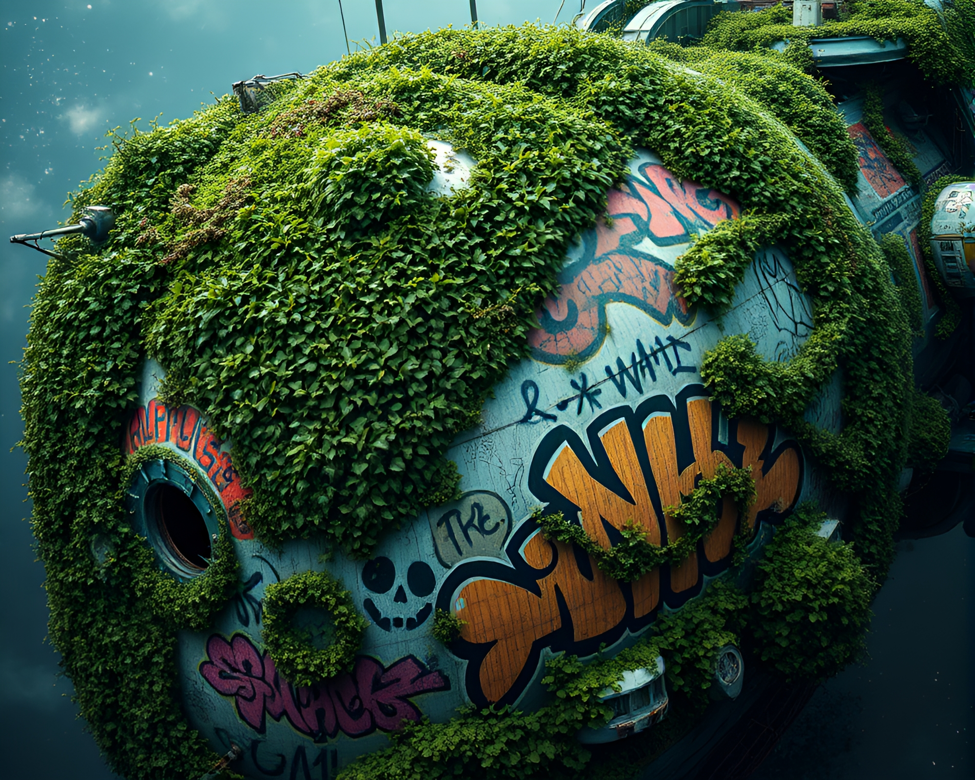 Surreal Ivy-Covered Spaceship Hull and Graffiti Fusion – free AI stock image