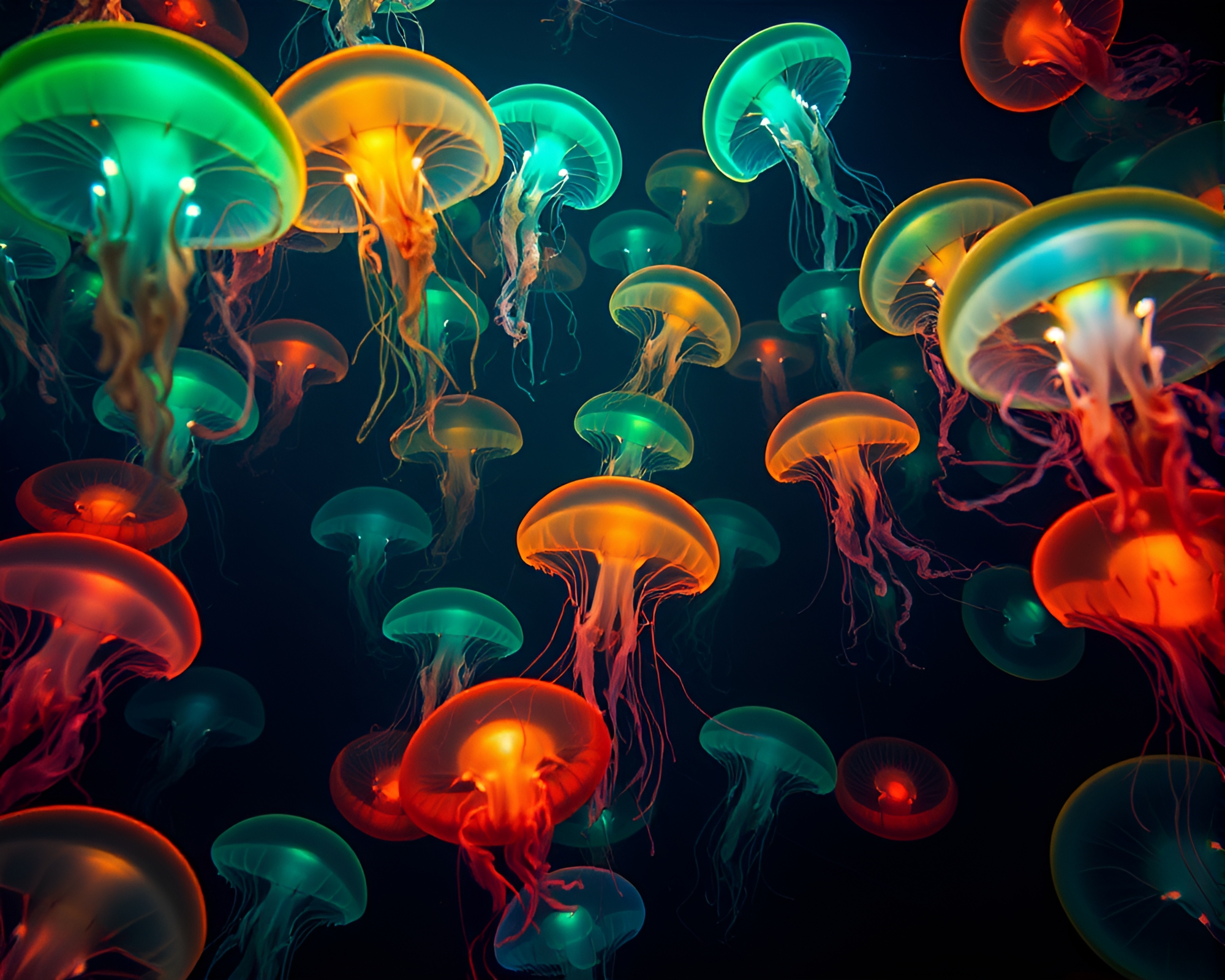 Enchanting Bioluminescent Jellyfish Swarm in Surreal Underwater Symphony – free AI stock image