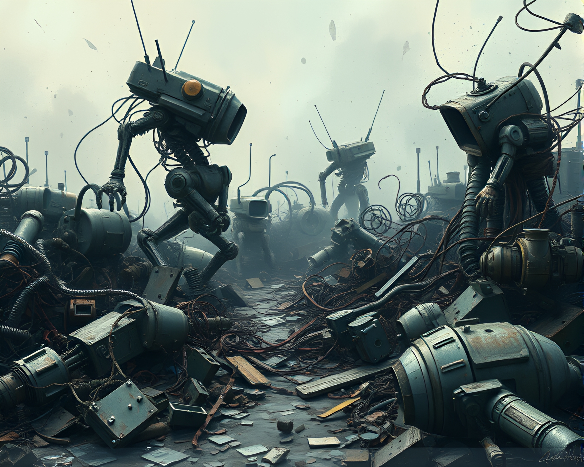 Futuristic Robot Junkyard Abstract Impressionistic Scene – free AI stock image