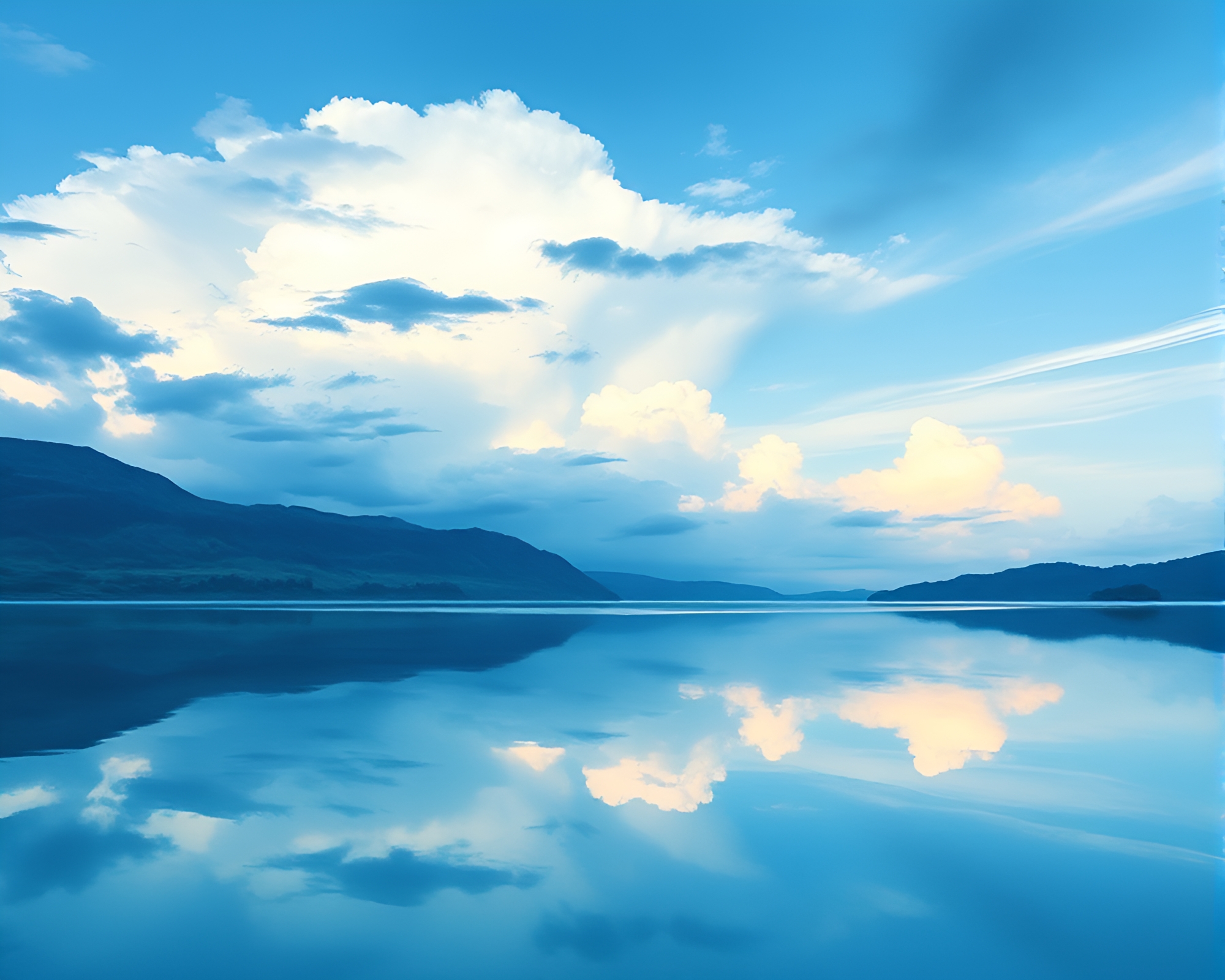Tranquil Watercolor Landscape with Reflective Iron-Cloud Sky – free AI stock image