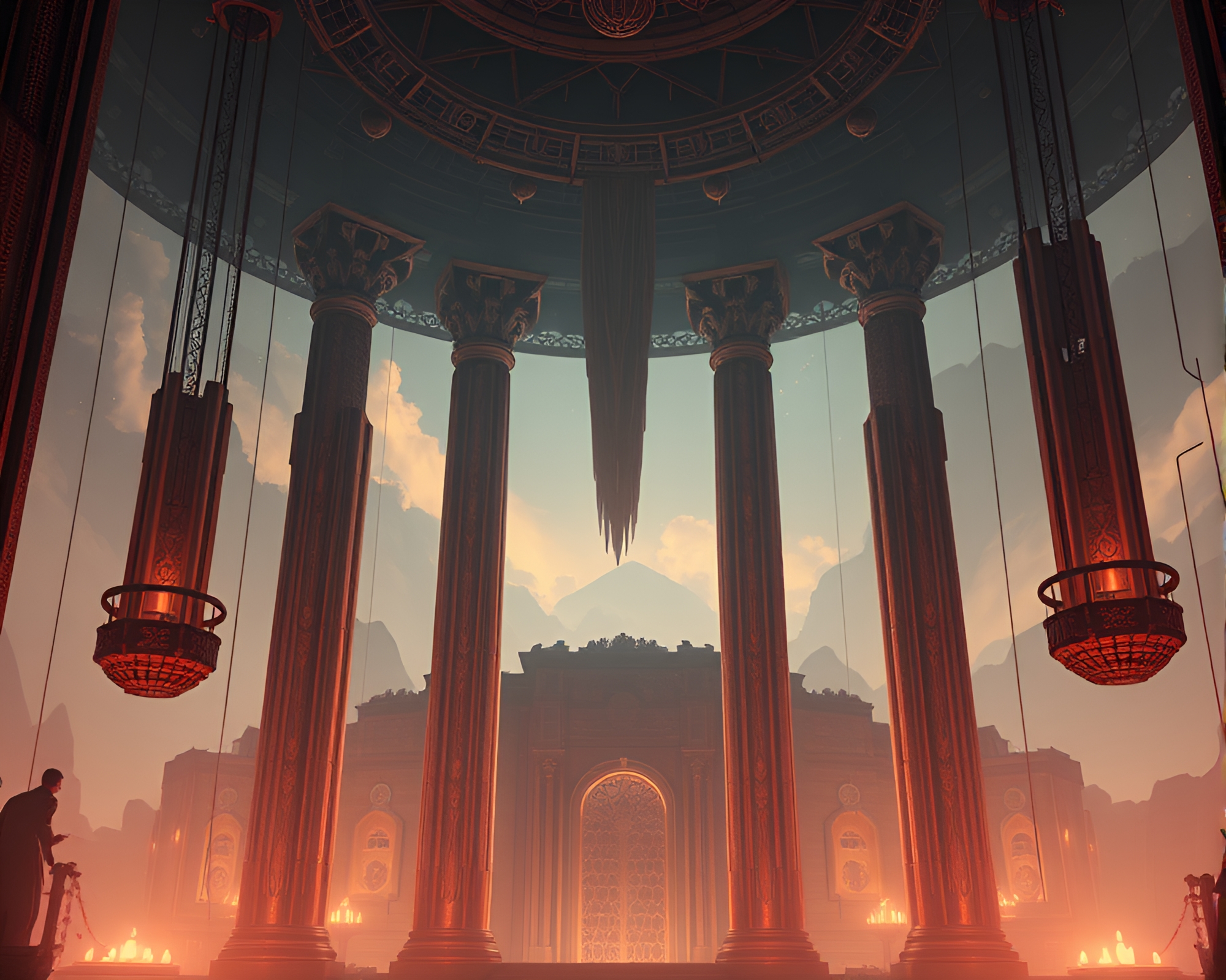 Suspended Monolithic Pillars in Art Deco Fantasy Setting – free AI stock image
