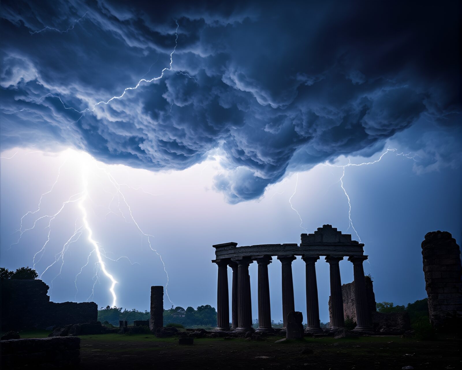 Mesmerizing electric storm cloud over ancient ruins in nature