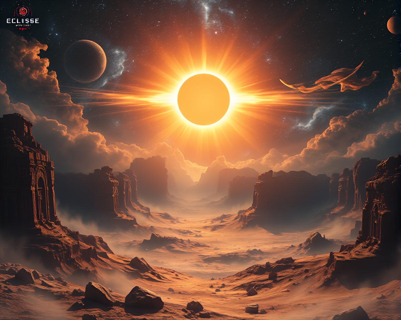 Surreal solar eclipse over mystical cosmic landscape with ethereal elements
