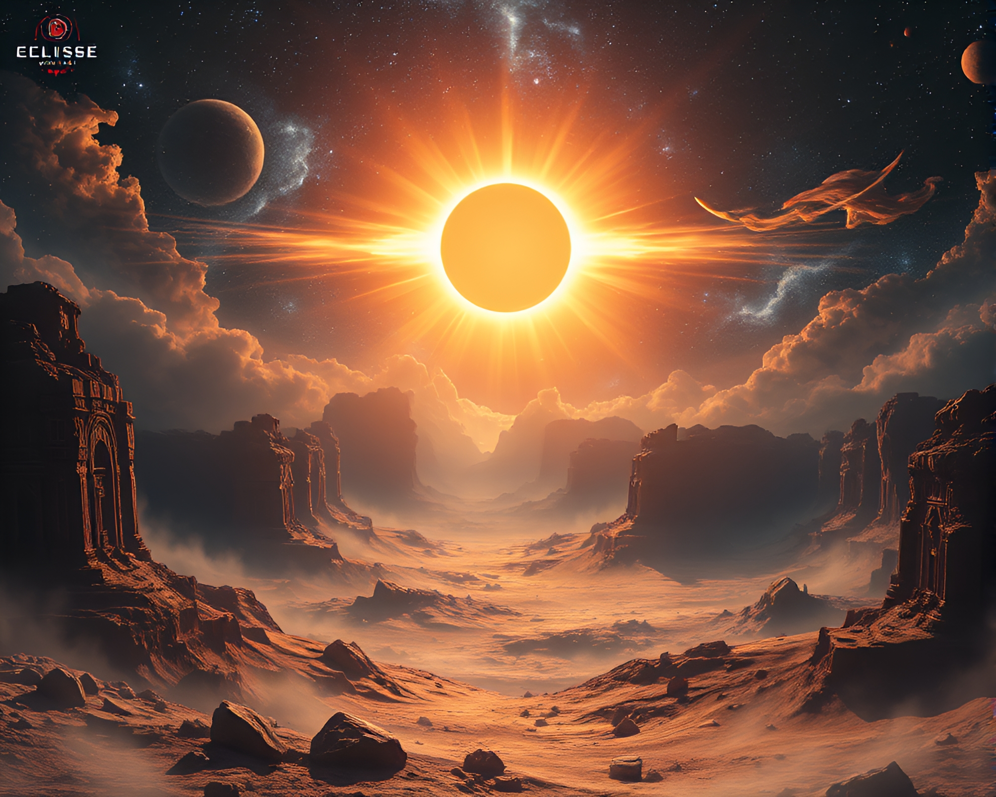Mystical Solar Eclipse Over Ancient Cosmic Landscape – free AI stock image