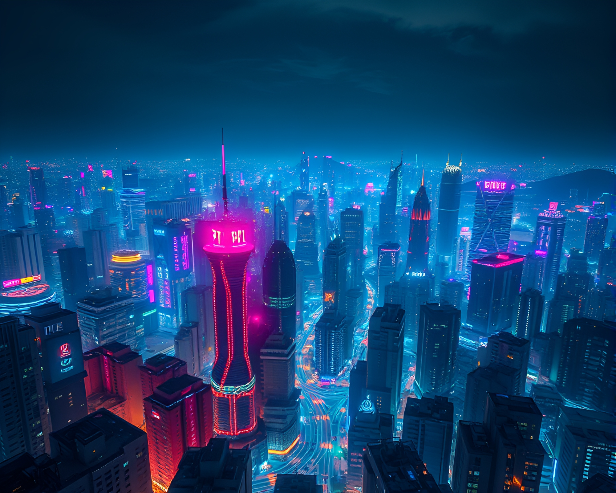 Ethereal Bioluminescent Urban Sprawl Night View – free AI stock image