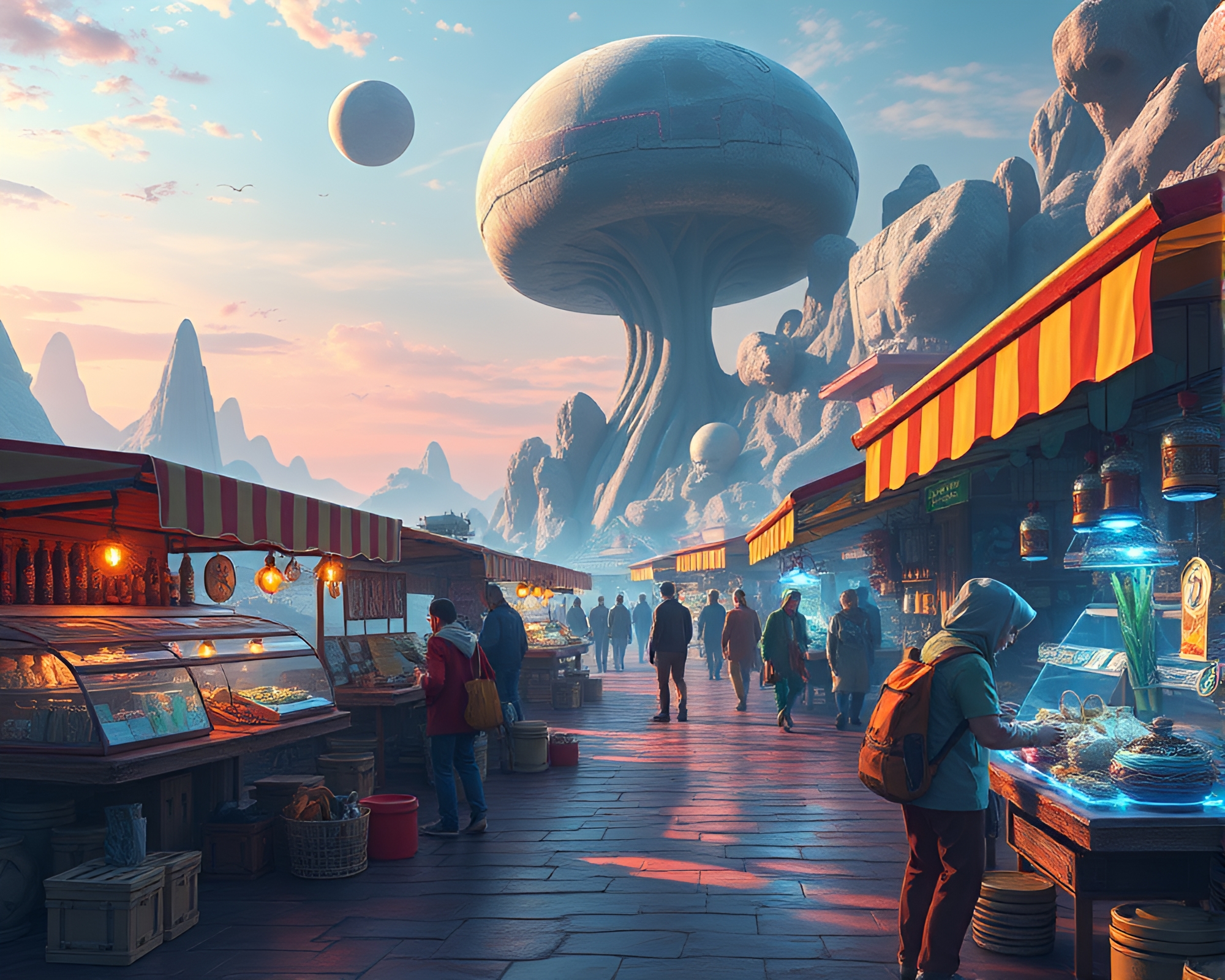 Vibrant Holographic Bazaar on Peaceful Alien Landscape – free AI stock image