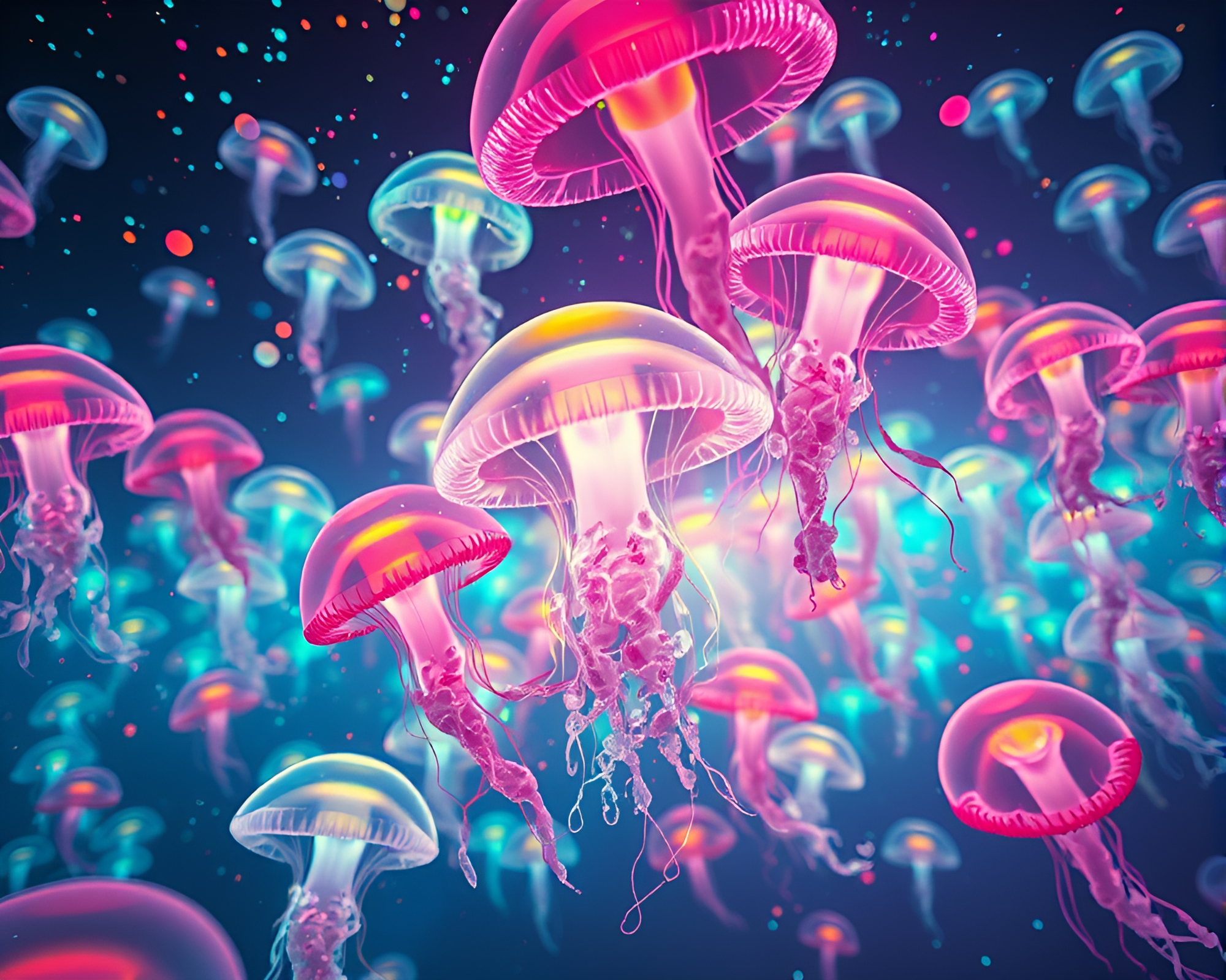 Vibrant Futuristic Pop Art Jellyfish Swarm Illuminates Scene – free AI stock image