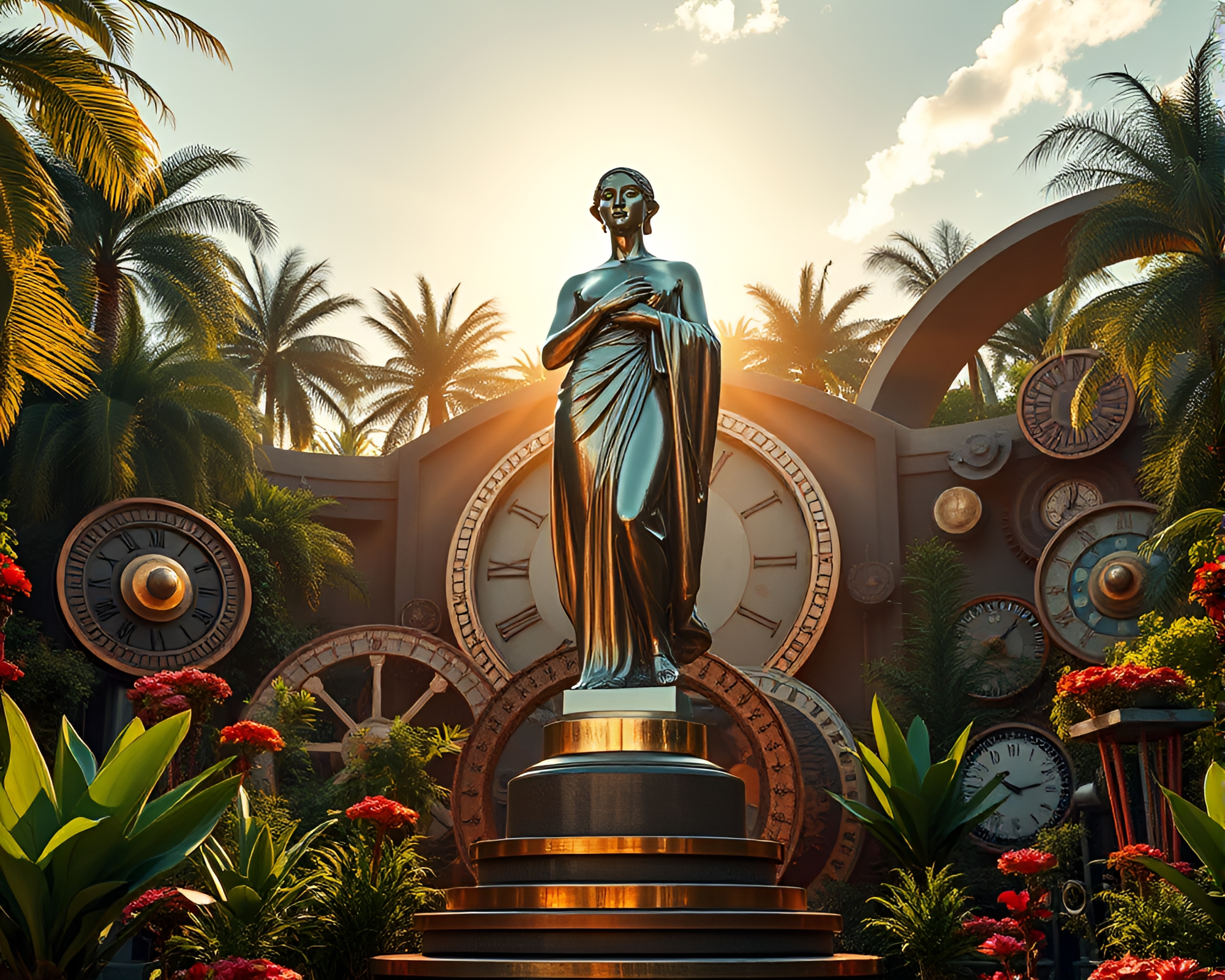 Art Deco Statue in Clockwork Garden Oasis – free AI stock image