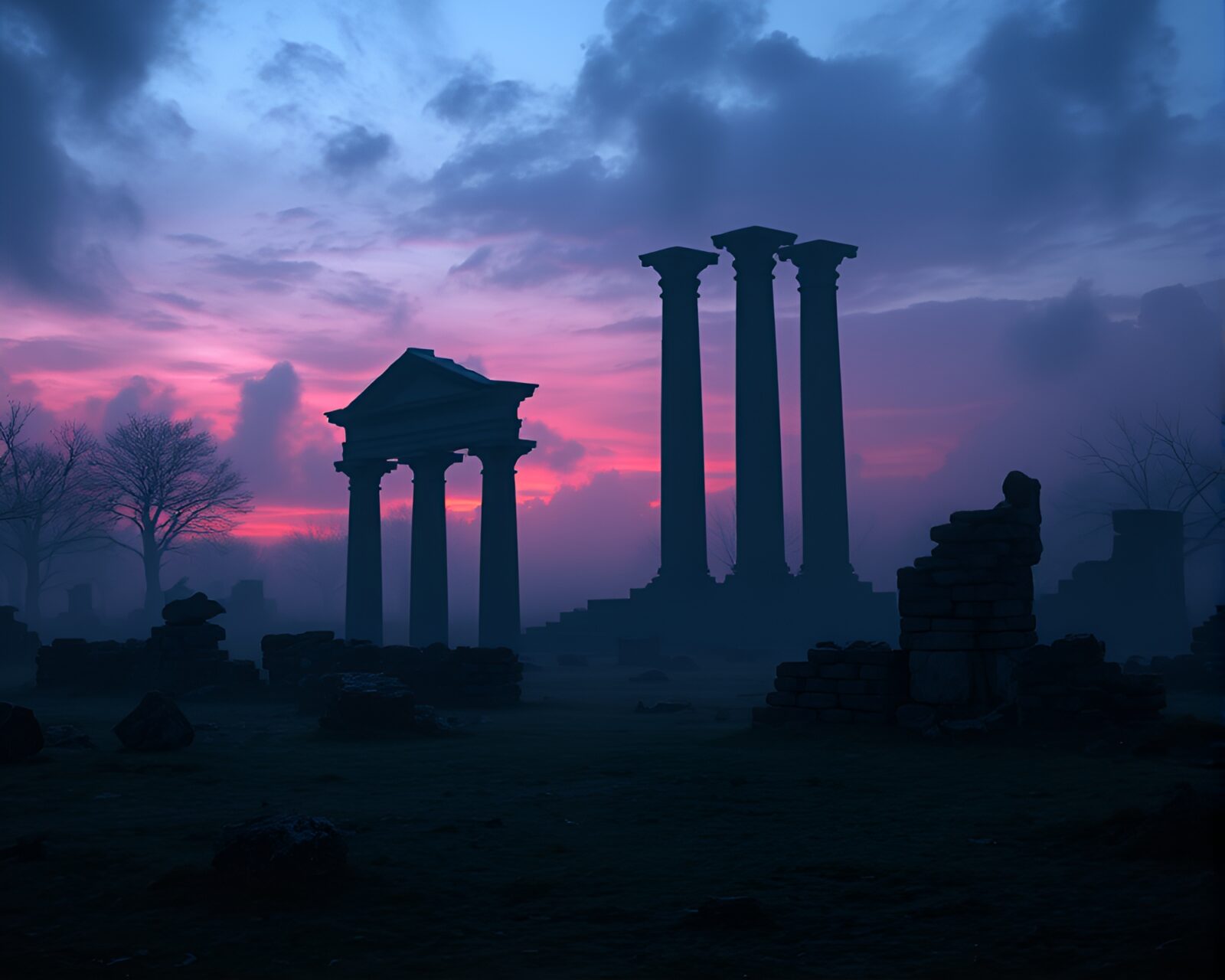 Eerie mist surrounds ancient ruins on spectral twilight battlefield