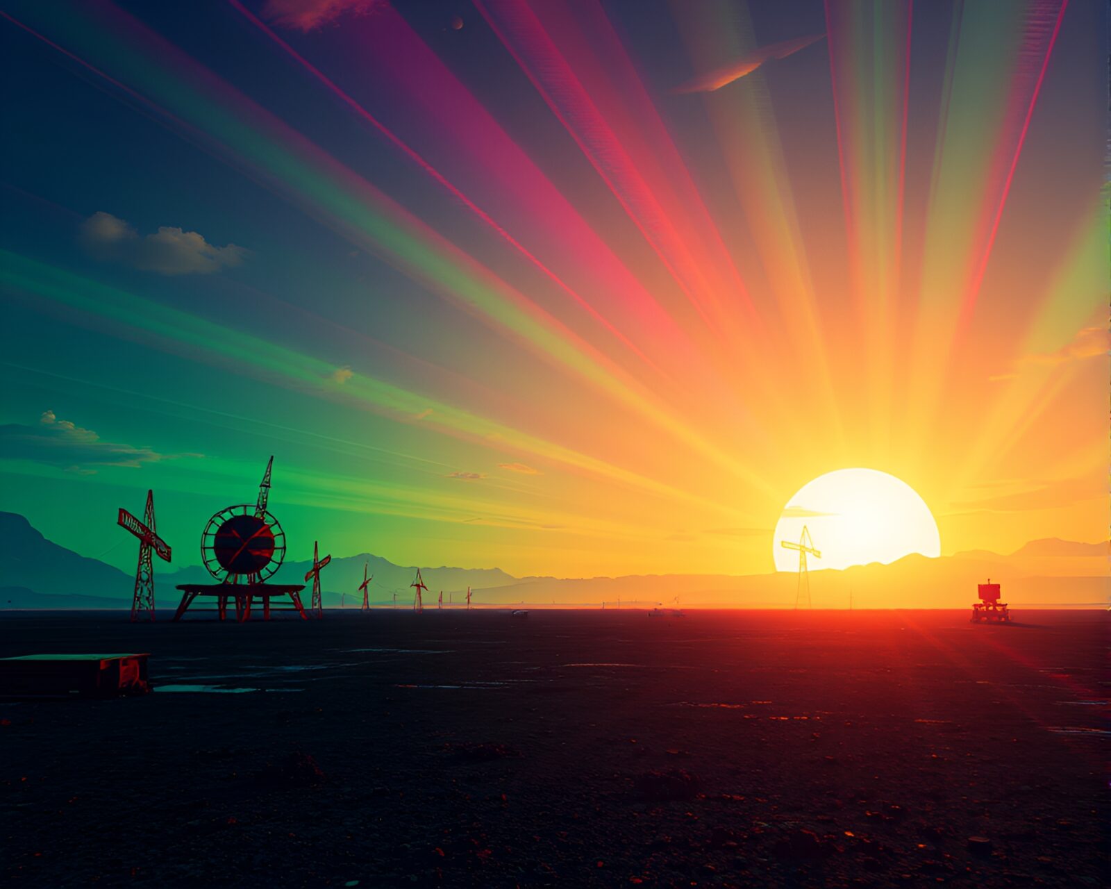 Surreal glitch art of post-apocalyptic scene with glowing horizon