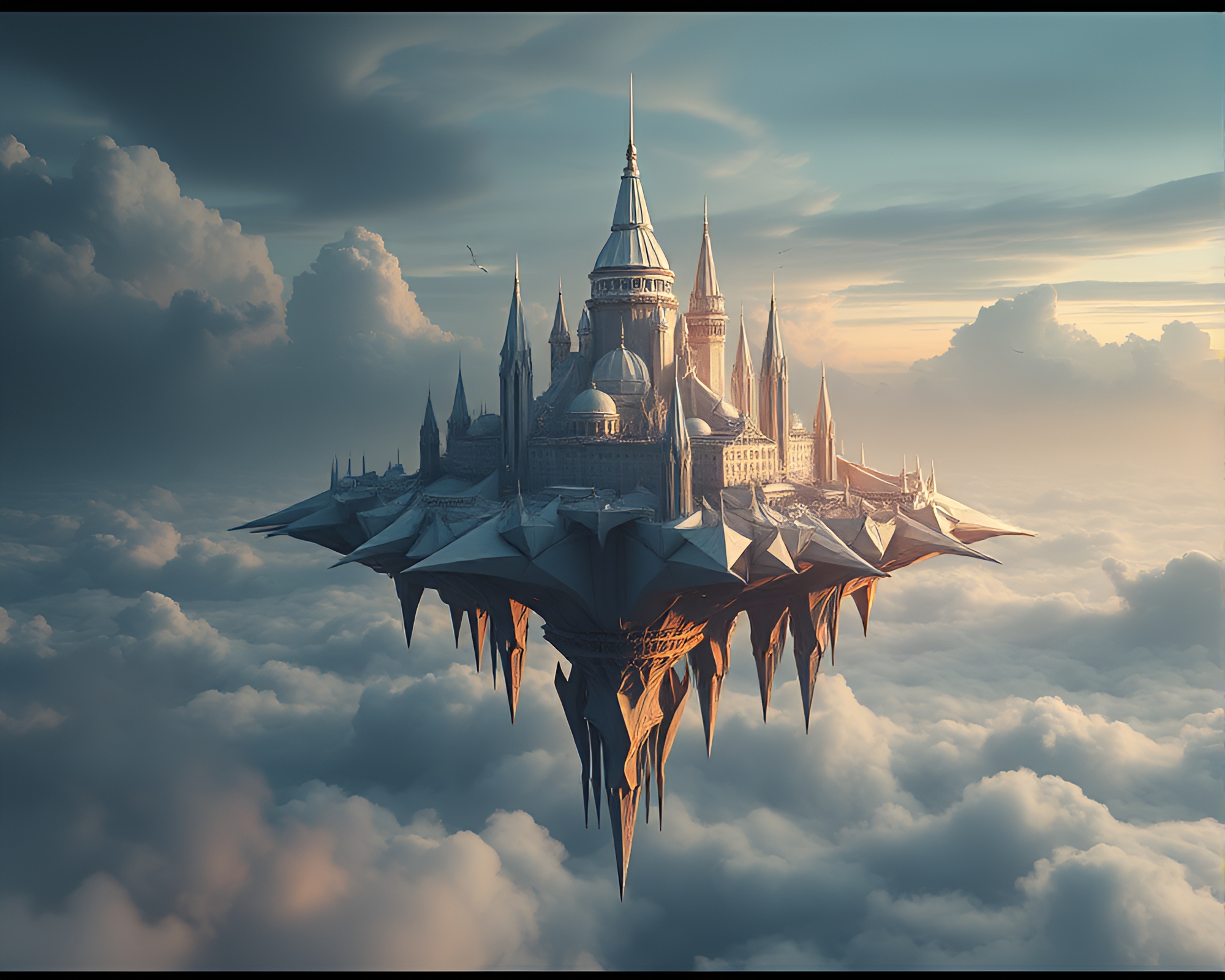 Origami Floating City Dominates Dystopian Skyline – free AI stock image