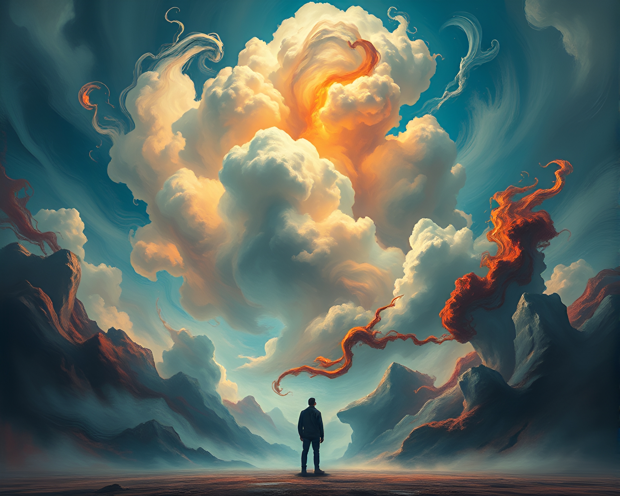 Surreal Figure under Iron-Cloud Sky – free AI stock image