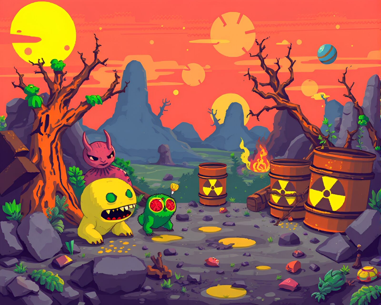 Pixelated post-apocalyptic wasteland with bright green toxic waste barrels