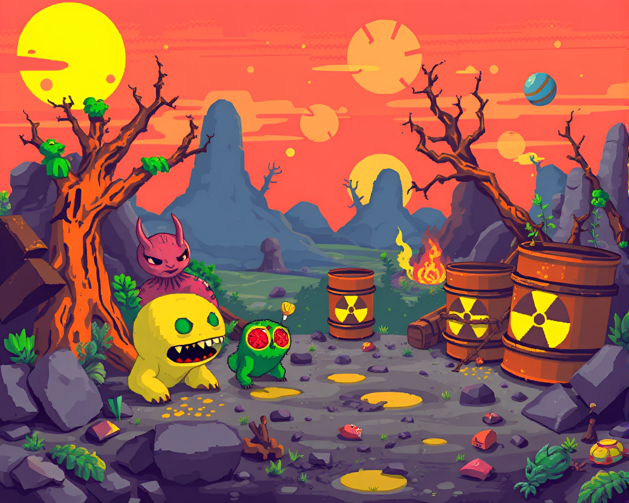 Colorful Pixelated Wasteland with Playful Radioactive Elements – free AI stock image