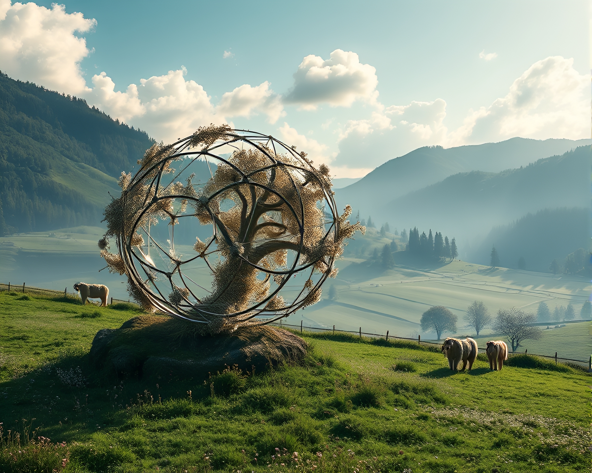 Innovative Kinetic Sculpture Blending Nature and Technology – free AI stock image