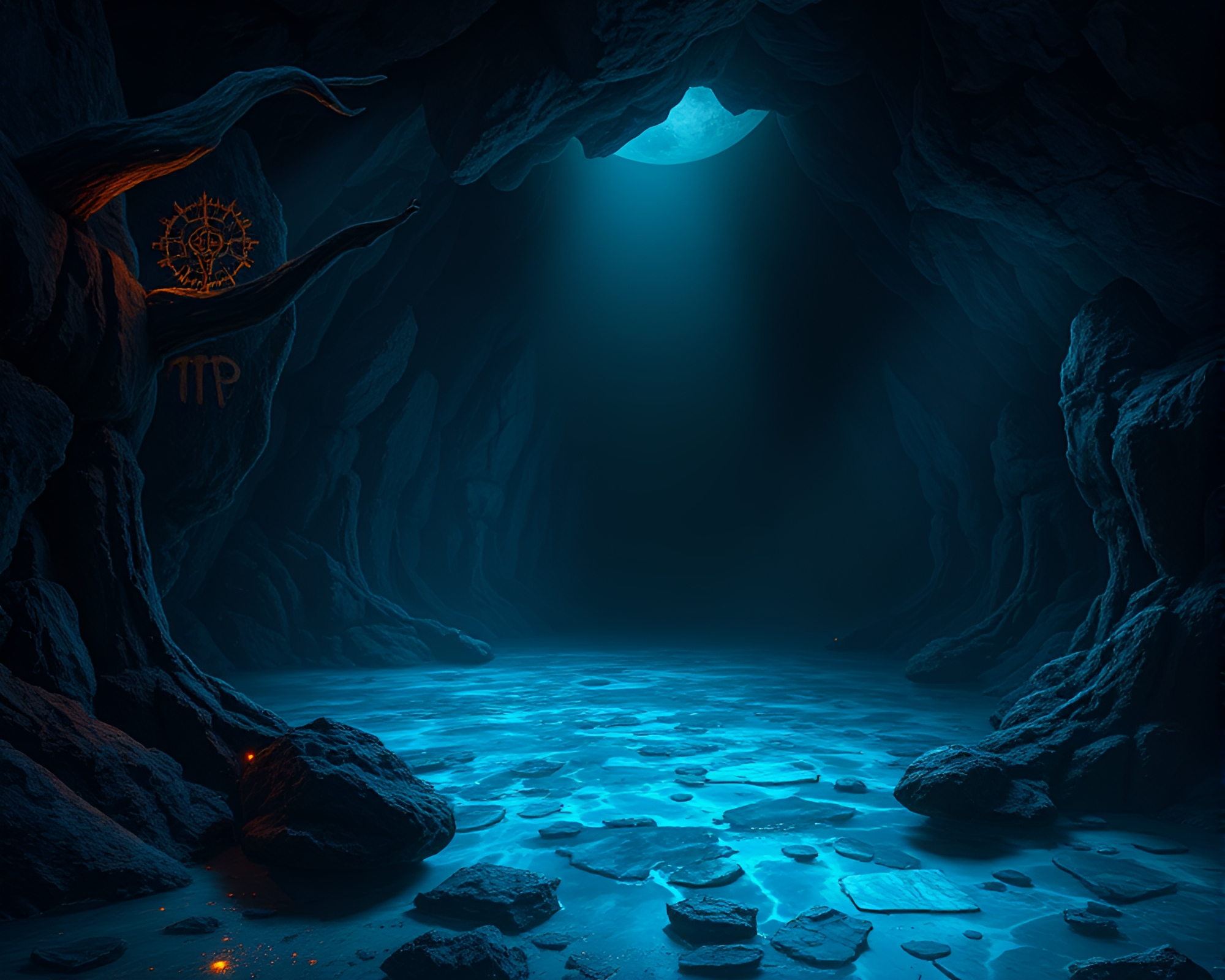 Mysterious Crystal Lake with Ancient Ritual Glyphs – free AI stock image
