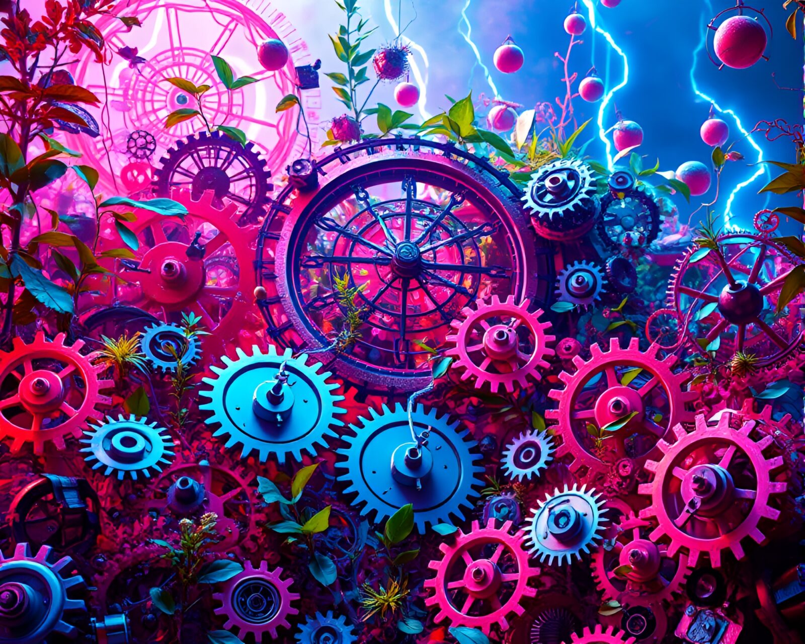 Vibrant neon colors and spinning gears in a chaotic garden