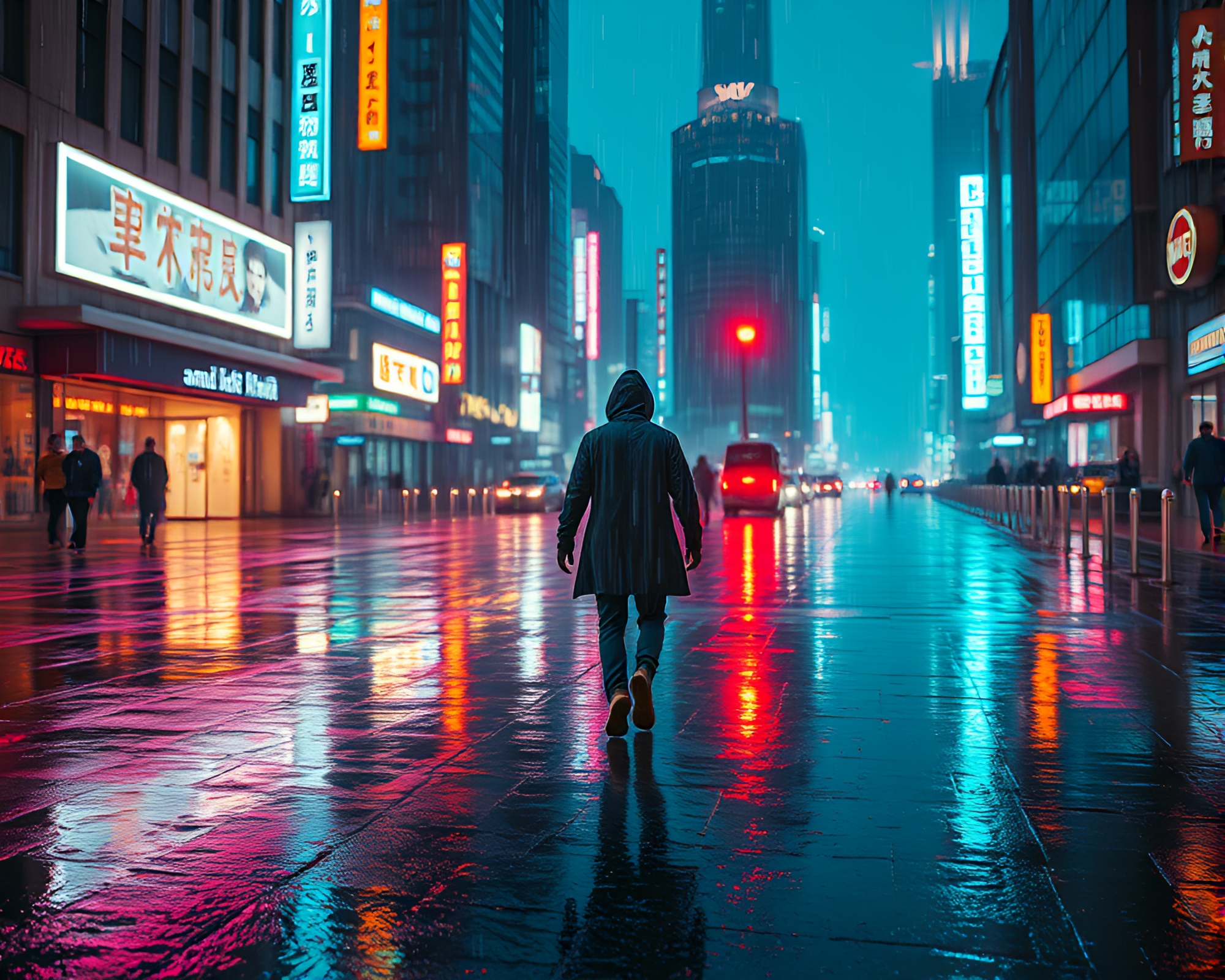 Futuristic Cityscape with Neon Lights and Digital Rain – free AI stock image