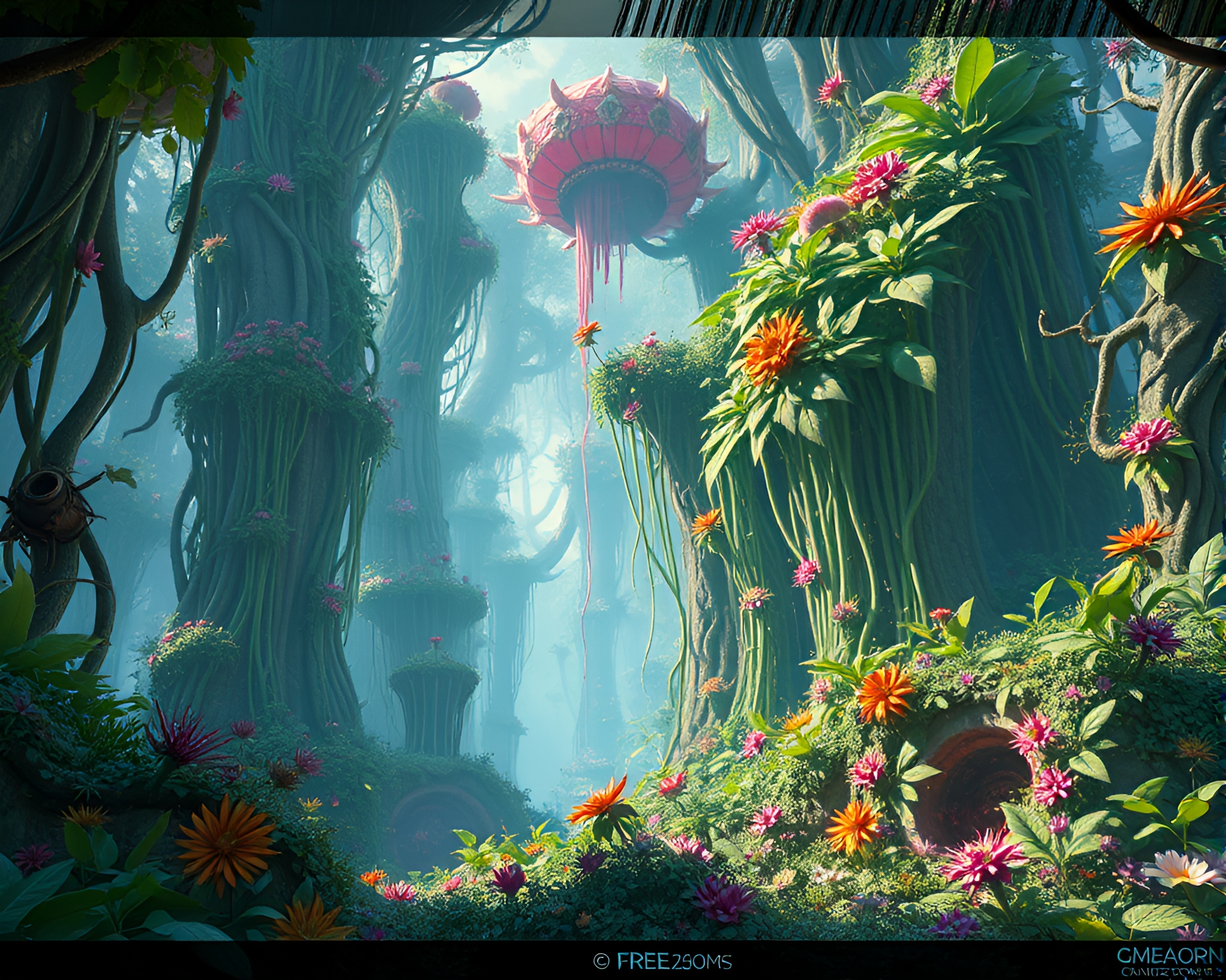 Surrealistic Botanical Game Concept with Glitchy Static – free AI stock image