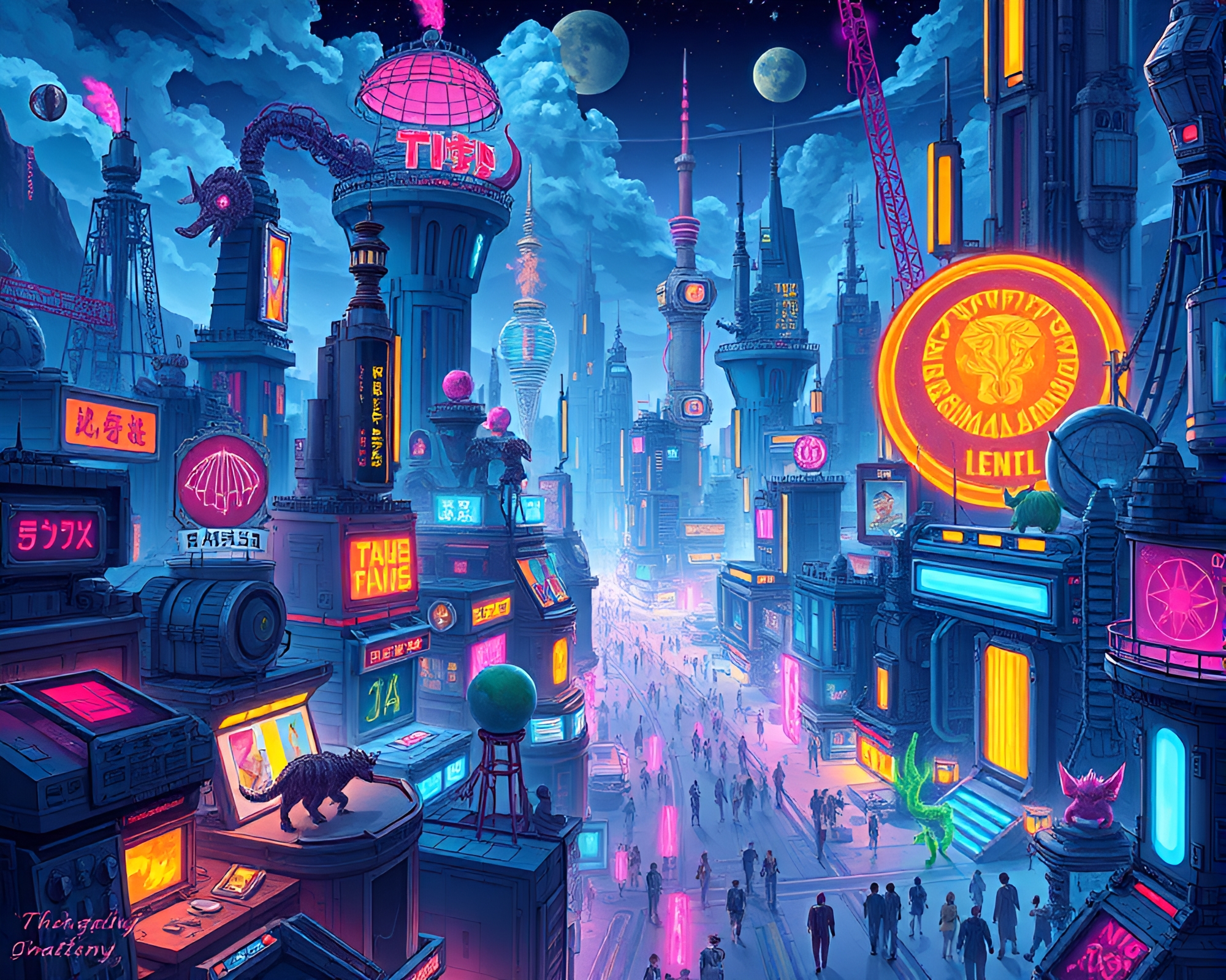 Futuristic Cityscape with Mythical Creatures and Neon Lights – free AI stock image
