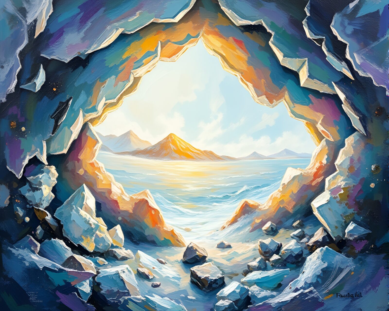 Gorgeous windswept landscape within illuminated crystal cavern painting