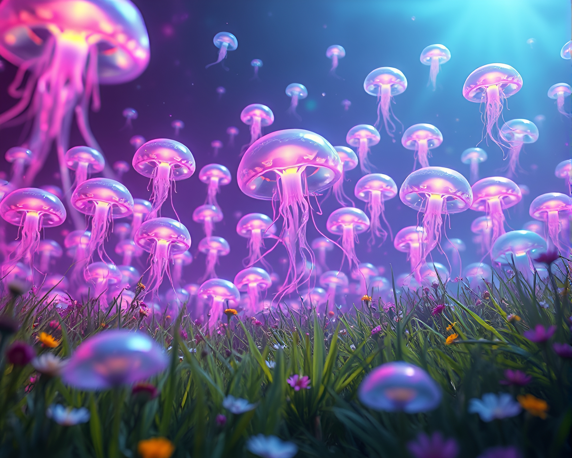 Enchanting Meadow: Luminescent Jellyfish in Dreamlike Landscape – free AI stock image