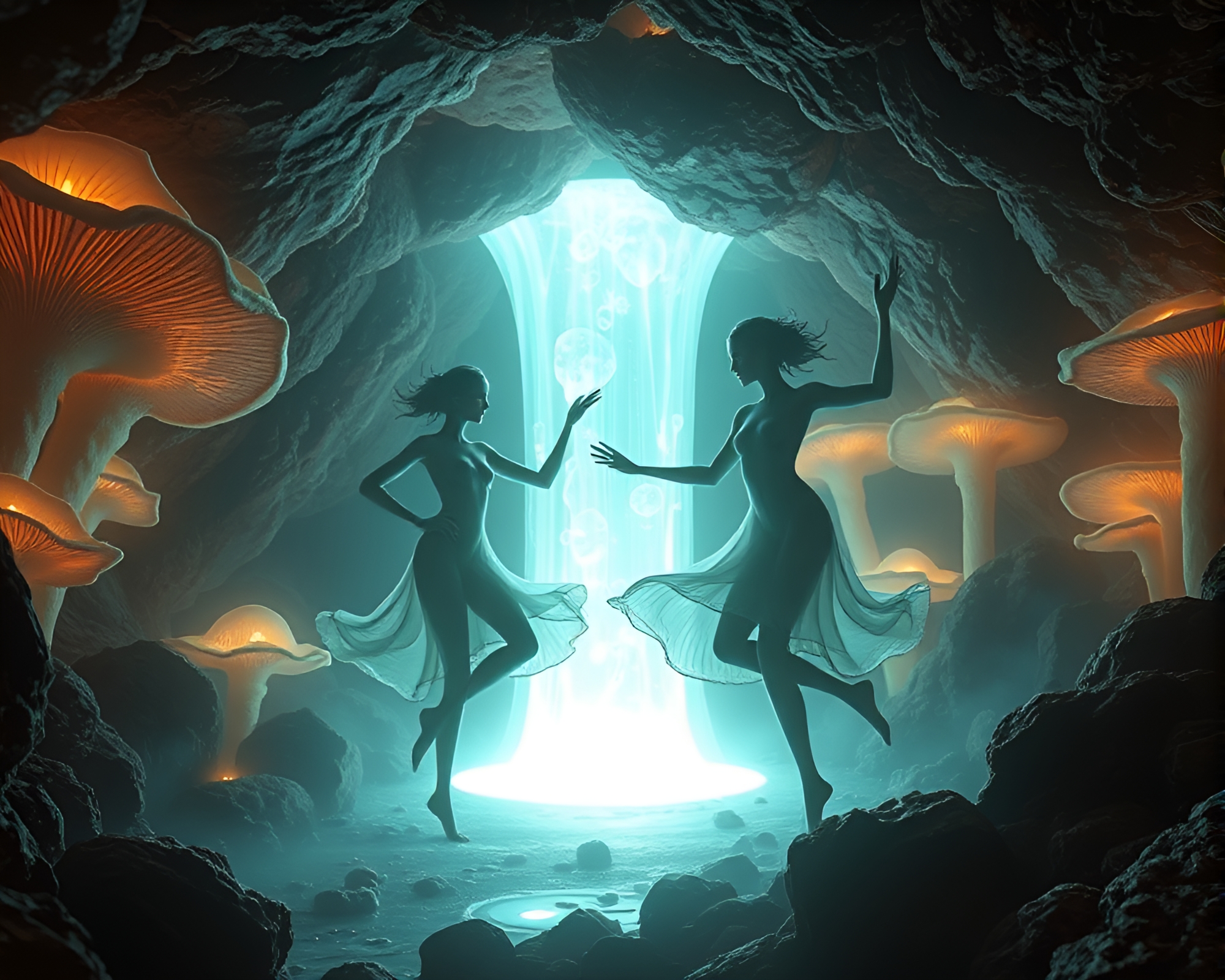 Luminous Fungus Cave with Ancient Dancing Creatures – free AI stock image