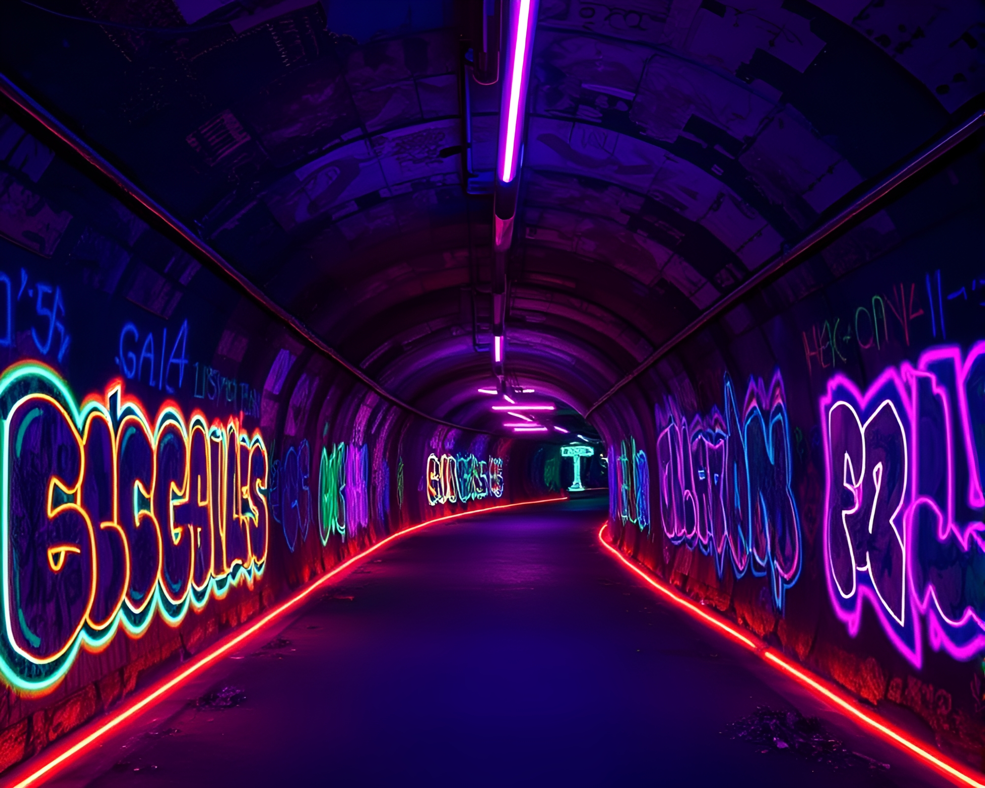 Urban Underground: Neon Graffiti in Bioluminescent Tunnel – free AI stock image