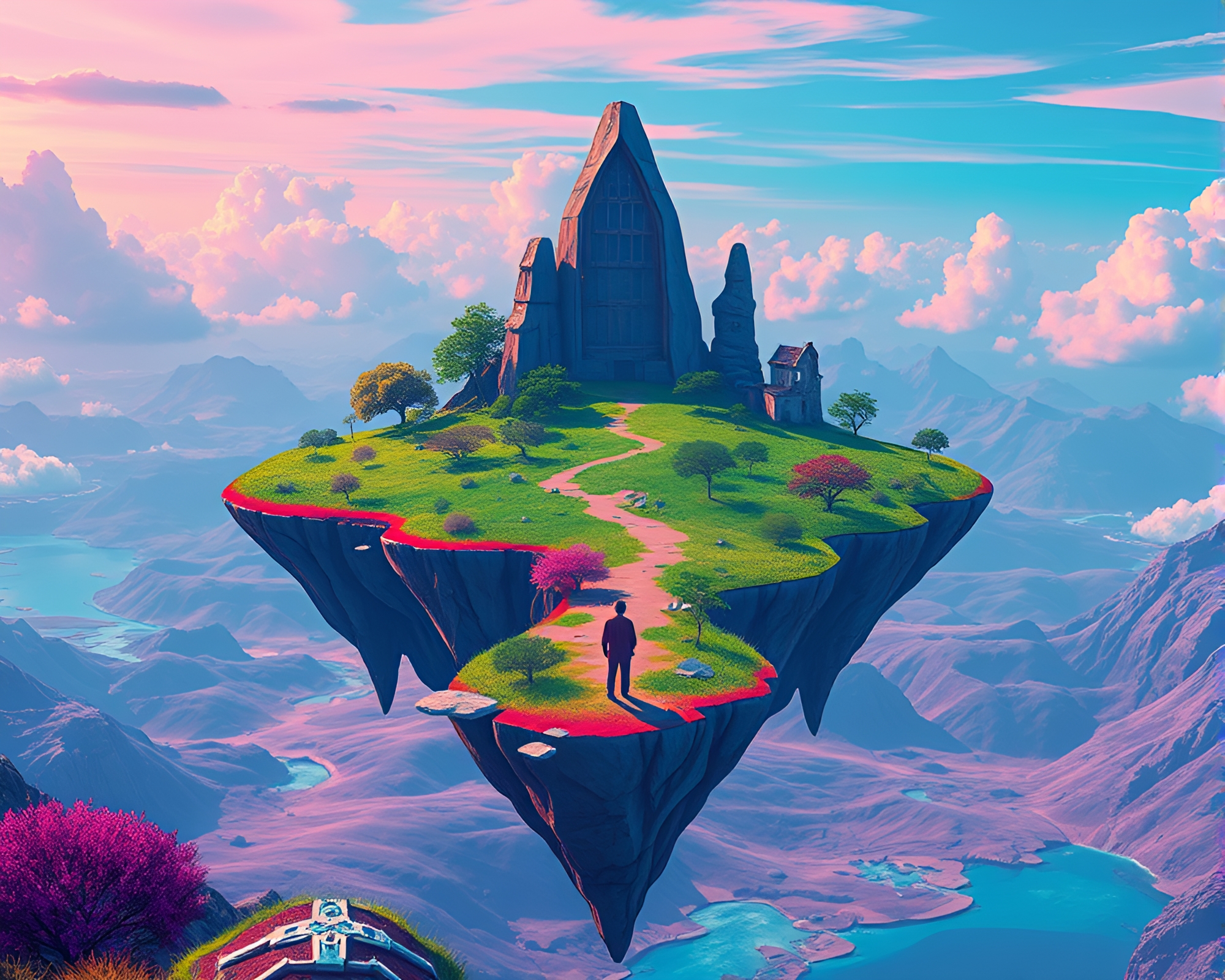 Vibrant Pop Art Futuristic Floating Island Archipelago – free AI stock image
