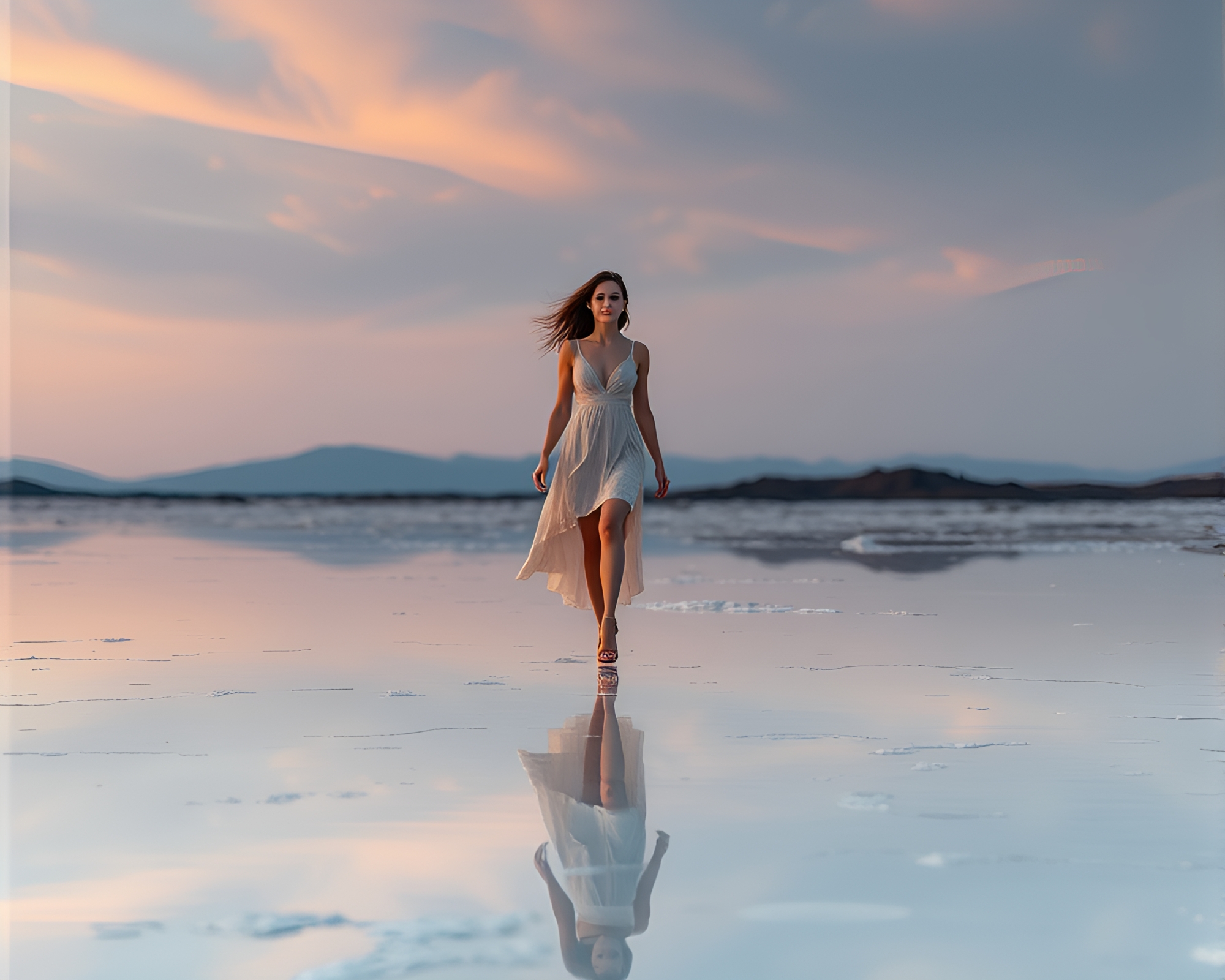 Fashion model traversing volcanic glass reflecting dusk hues – free AI stock image
