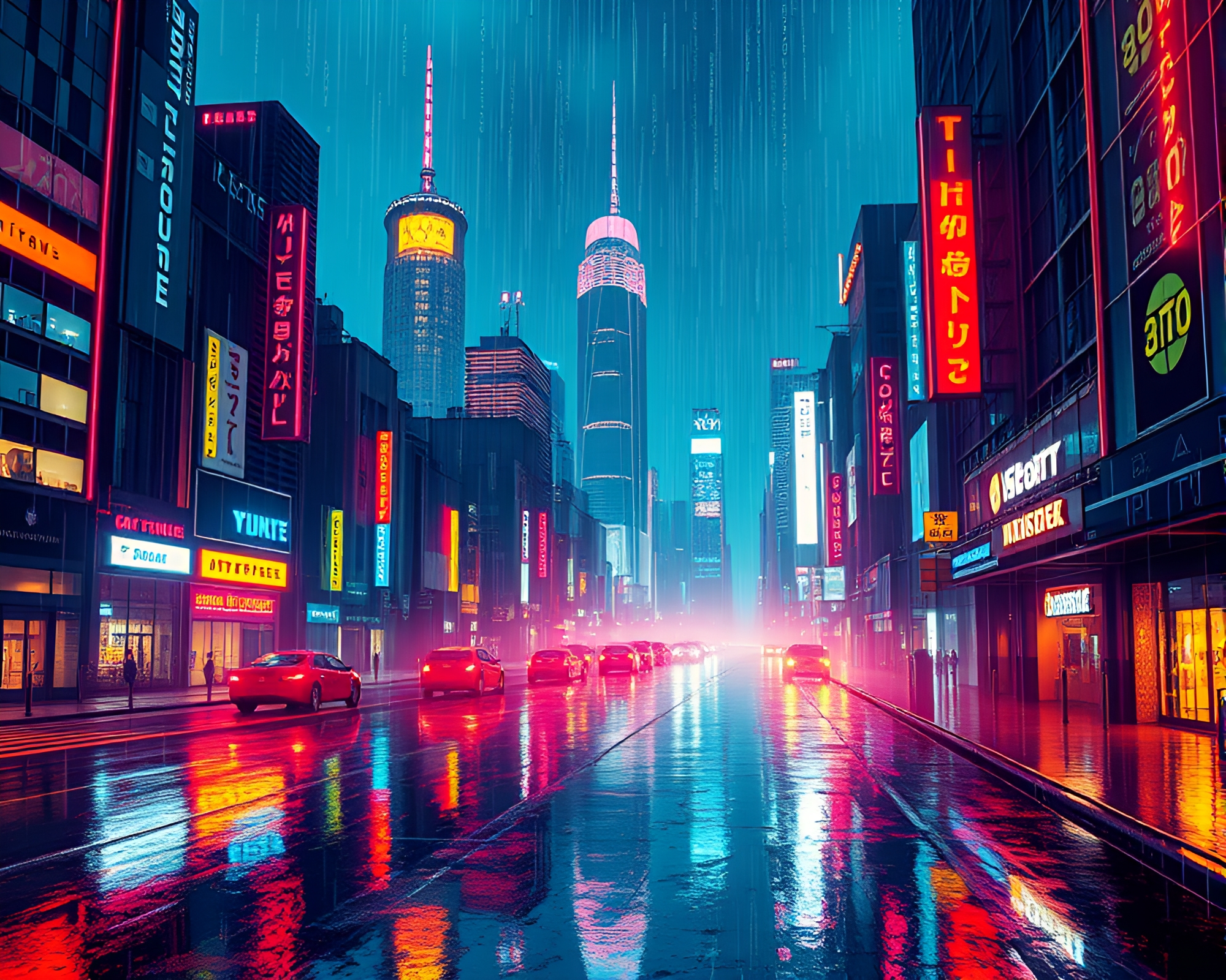 Futuristic Cityscape Illuminated by Neon Lights in Rain – free AI stock image