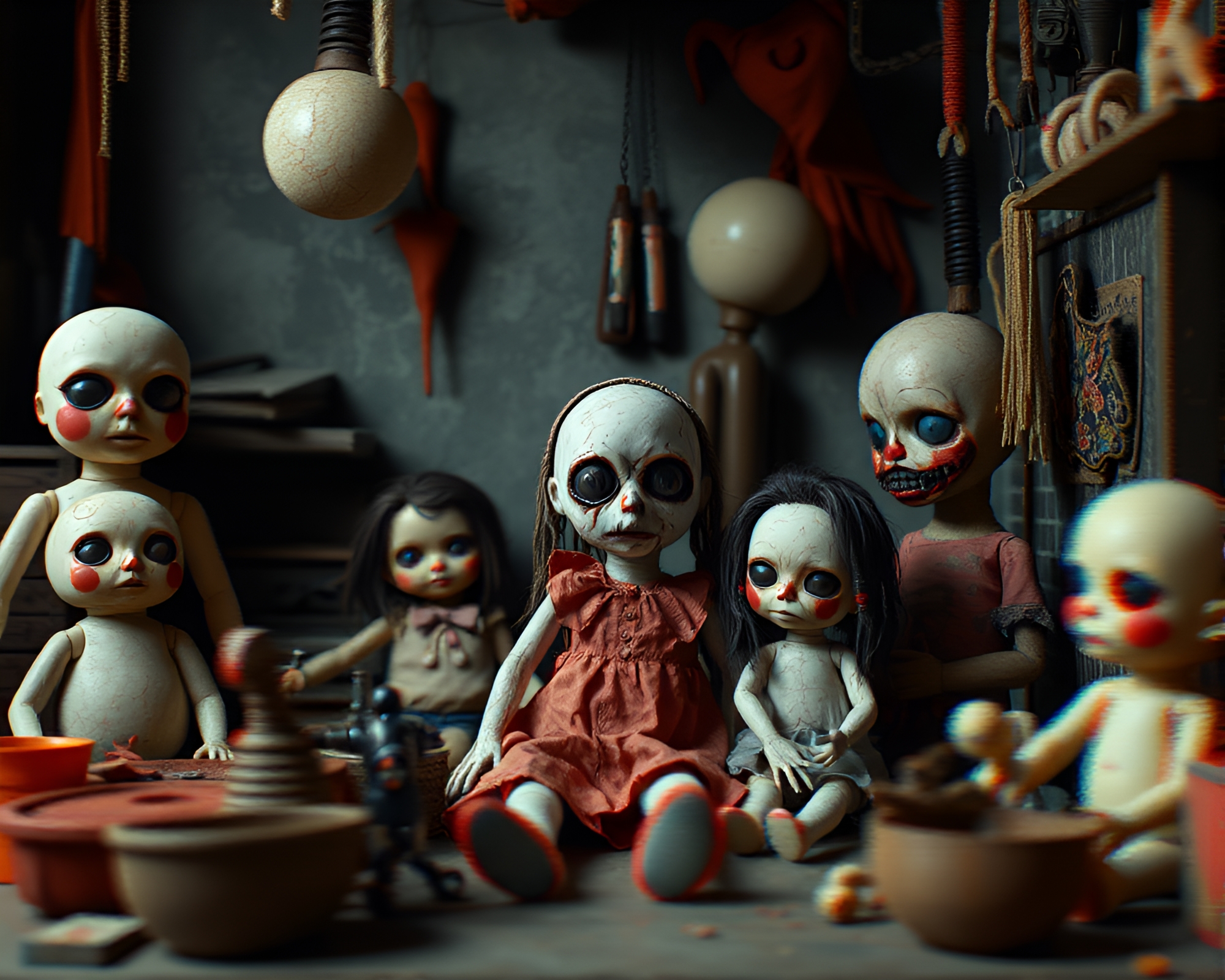 Eerie Doll Workshop: Reality-Digital Nightmare Fusion – free AI stock image