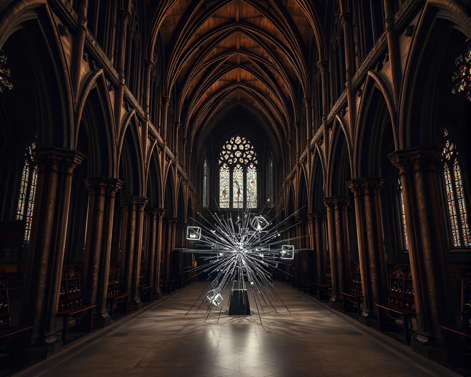 Eerie Gothic cathedral interior with modern art sculpture