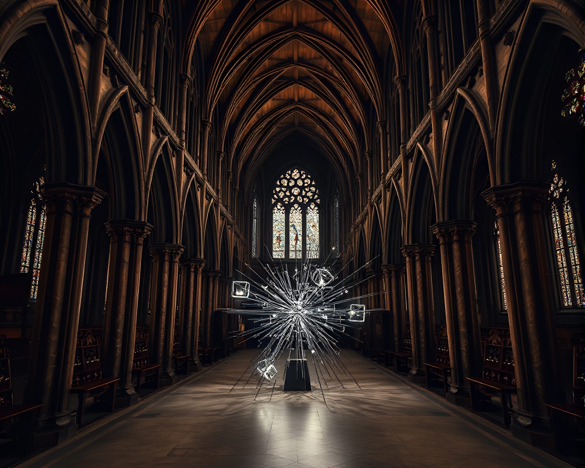 Gothic Cathedral with Modern Art Installation: An Ominous Contrast – free AI stock image