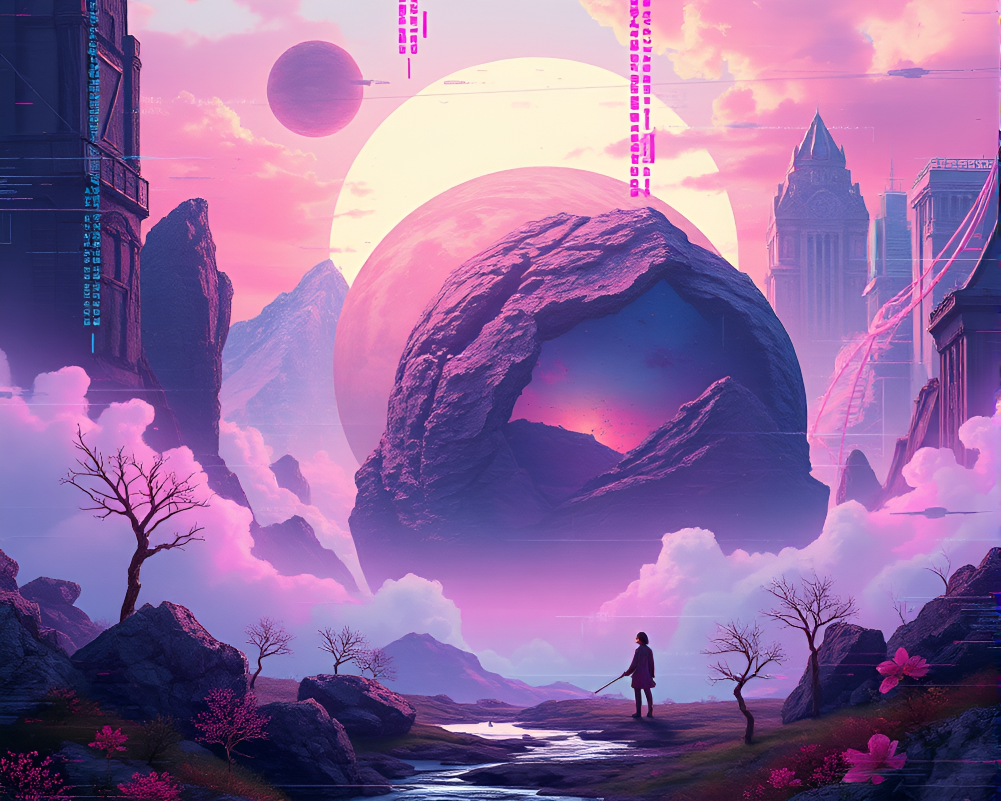 Futuristic Cyberpunk Art Pieces Distorting in Digital Realm – free AI stock image