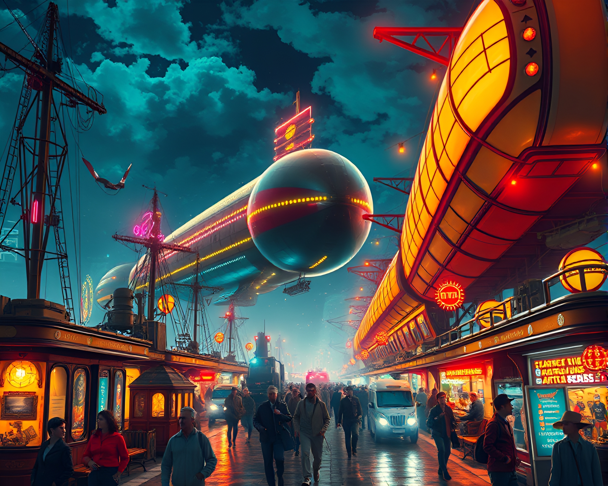 Vibrant Steampunk Airship Port with Pop Art Lights – free AI stock image